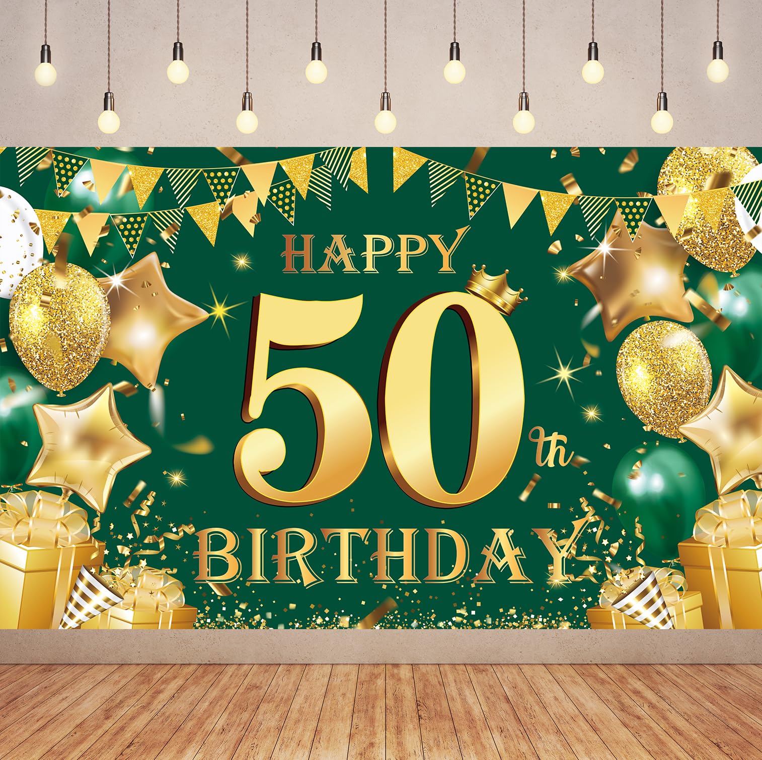 Tagoofely 6x3.6FT Green Gold Birthday Banner, Green Gold Happy 50th Birthday Backdrop, Photography Background Party Supplies