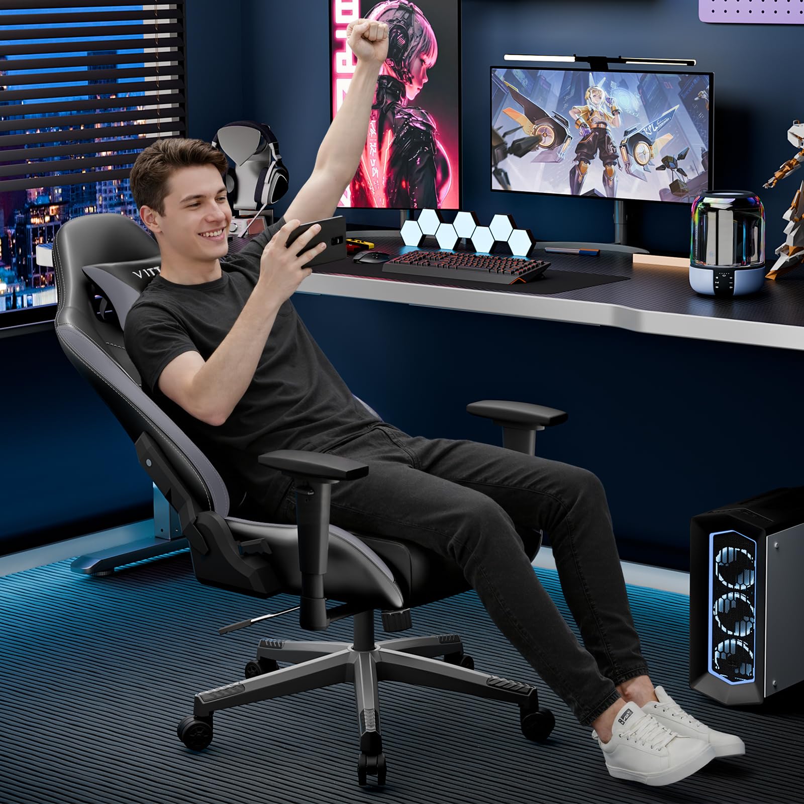 Vittanly Gaming Stuhl, 90-165° Rückenlehne, Tragkraft 150 kg, Grau | Kopfstütze und Lendenkissen, Gaming Chair, Gamer Stuhl, Gaming Sessel, Bürostuh, Schreibtischstuhl