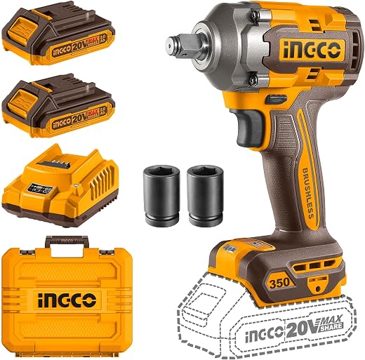 INGCO 20V Cordless Impact Wrench, 450NM, Electric Impact Gun With 2Pcs 2.0Ah Batteries And Charger, 3 Speed Adjustmeent, L...
