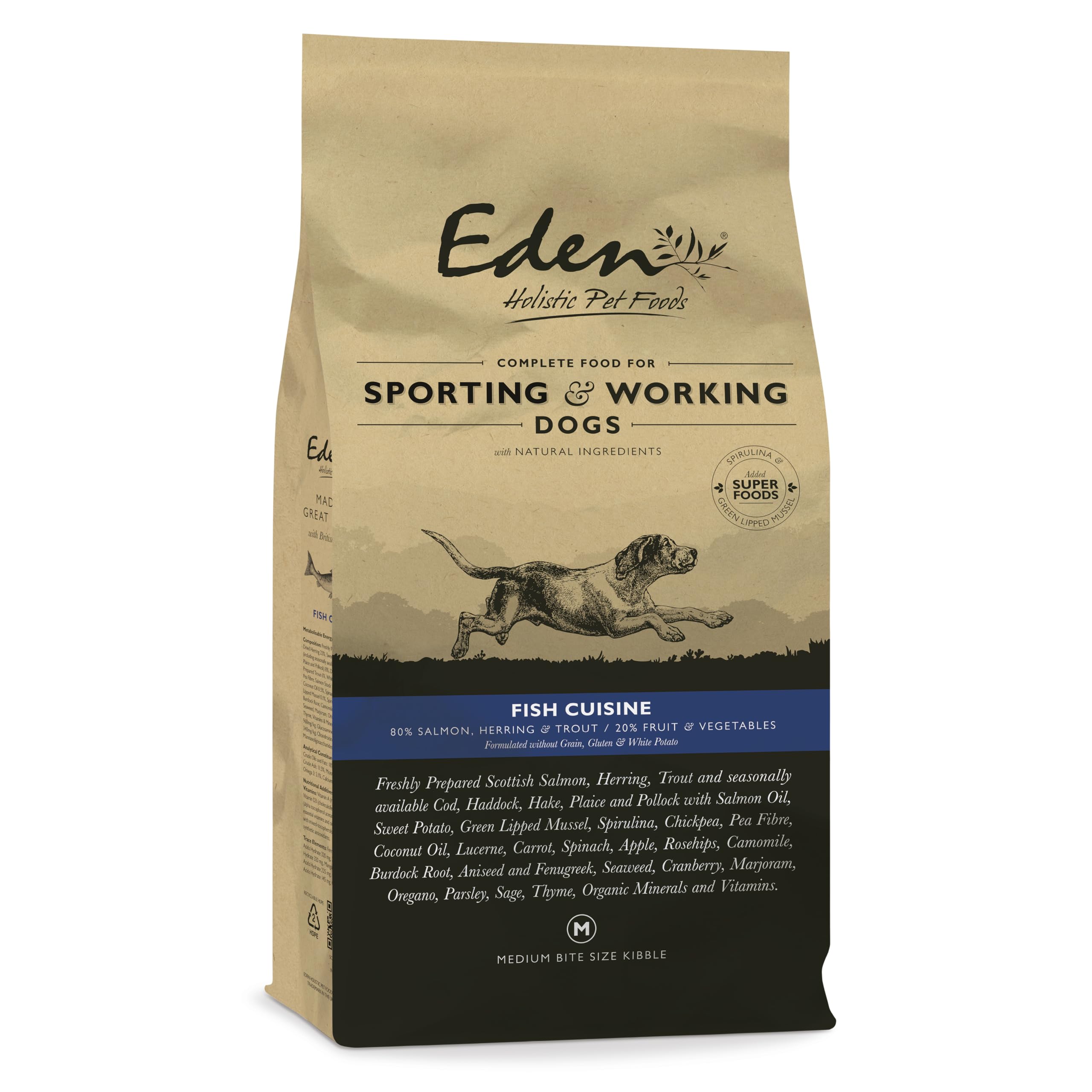 Eden Fish Cuisine Working Dog 15kg Medium Kibble. Naturally Complete Premium Dry Dog Food for Working Dogs - Salmon, Herring, Trout, White Fish, Green-lipped mussel & Spirulina