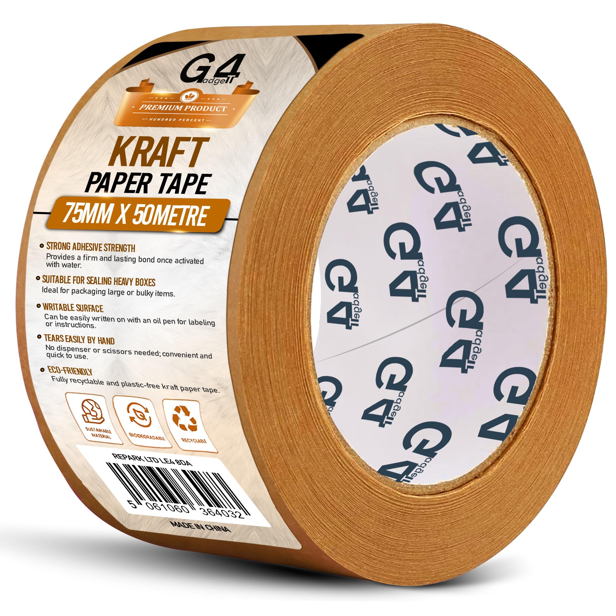 G4GADGET Kraft Paper Packing Tape 75mm x 50m | Extra Wide Brown Paper Parcel Tape | Eco-Friendly Recyclable Packaging Tape | Heavy-Duty Adhesive Paper Tape for Boxes, Moving & Shipping