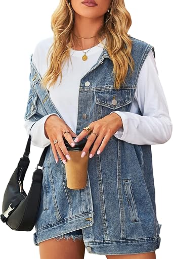 Denim Jean Vest for Women Oversized Sleeveless Mid Long Button Down Denim Waistcoat
