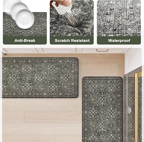 Vista 56 de KIMODE - Juego de 2 tapetes de cocina antifatiga, estilo vintage, antideslizantes, impermeables, ergonómicos, acolchados, cómodos para lavandería