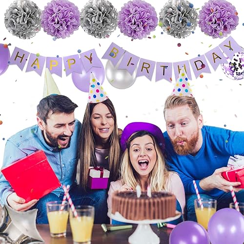 Miniatura 3 de Decoraciones de cumpleaños para niñas púrpura y plata Lavanda fiesta decoración Kit para ella mujer incluyendo feliz cumpleaños Banner pompón flor