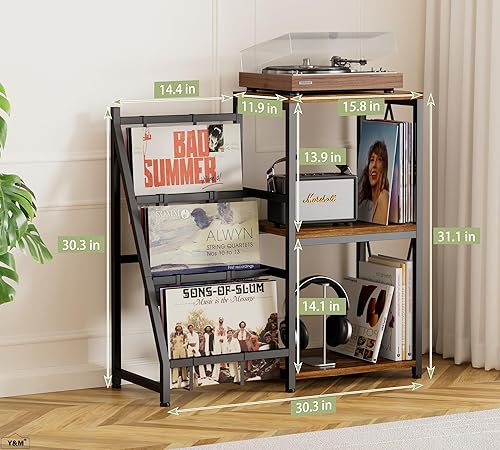 Miniatura 3 de Y&M Soporte para tocadiscos con almacenamiento de vinilo, estante para discos de vinilo con capacidad para hasta 200 álbumes, mesa giratoria de 3