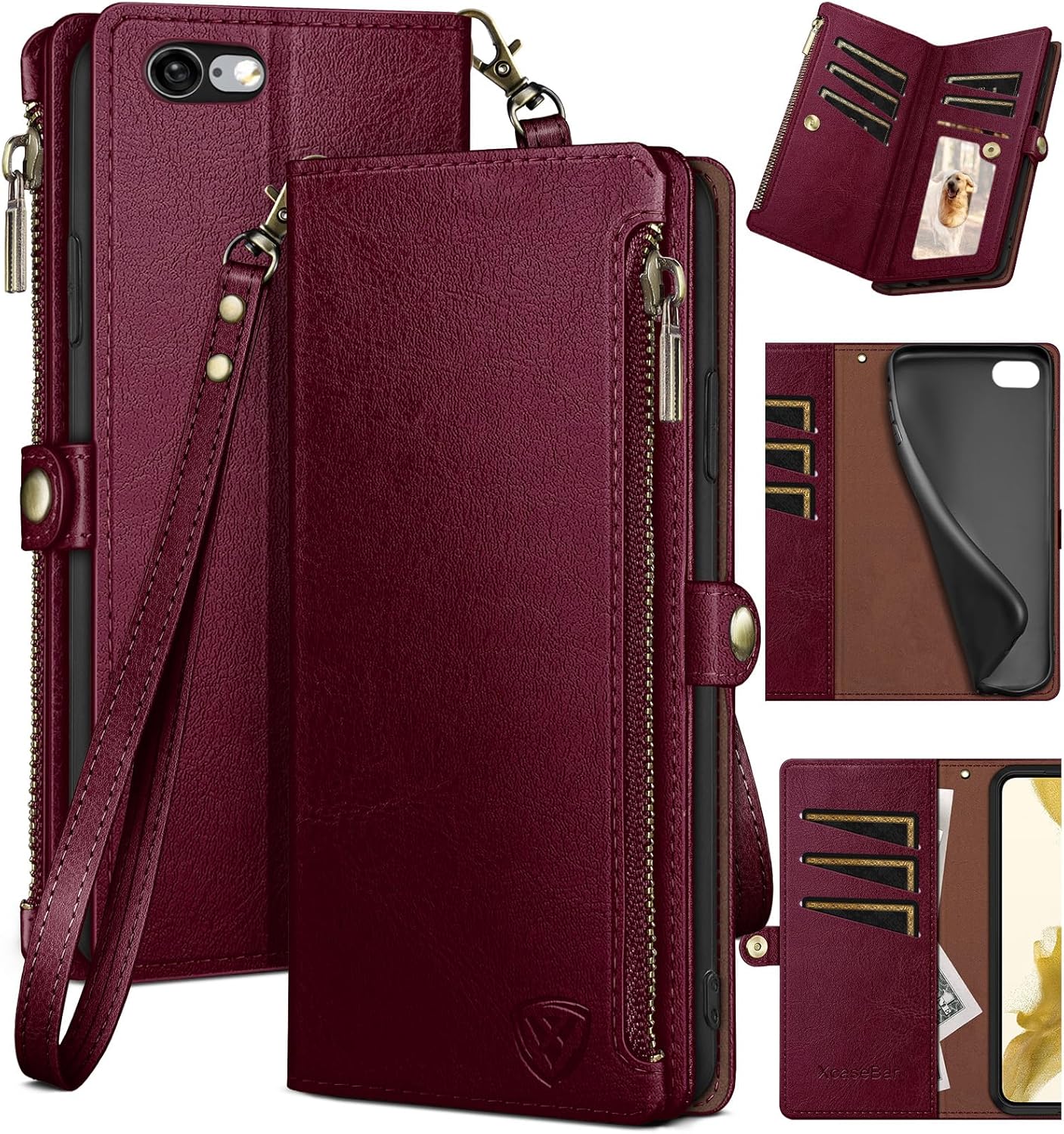 XcaseBar for iPhone 6S Plus/6 Plus 5.5" Wallet Case with Zipper Credit Card Holder, Flip Folio Book PU Leather Phone Case Shockproof Cover Women Men - Wine Red