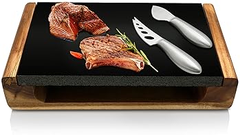 Nutrichef Hot Stone Grill/Food Serving Platter Set w/Acacia Wood Tray, Slab, Stainless Steel Knives-Lava Rock for Coo...