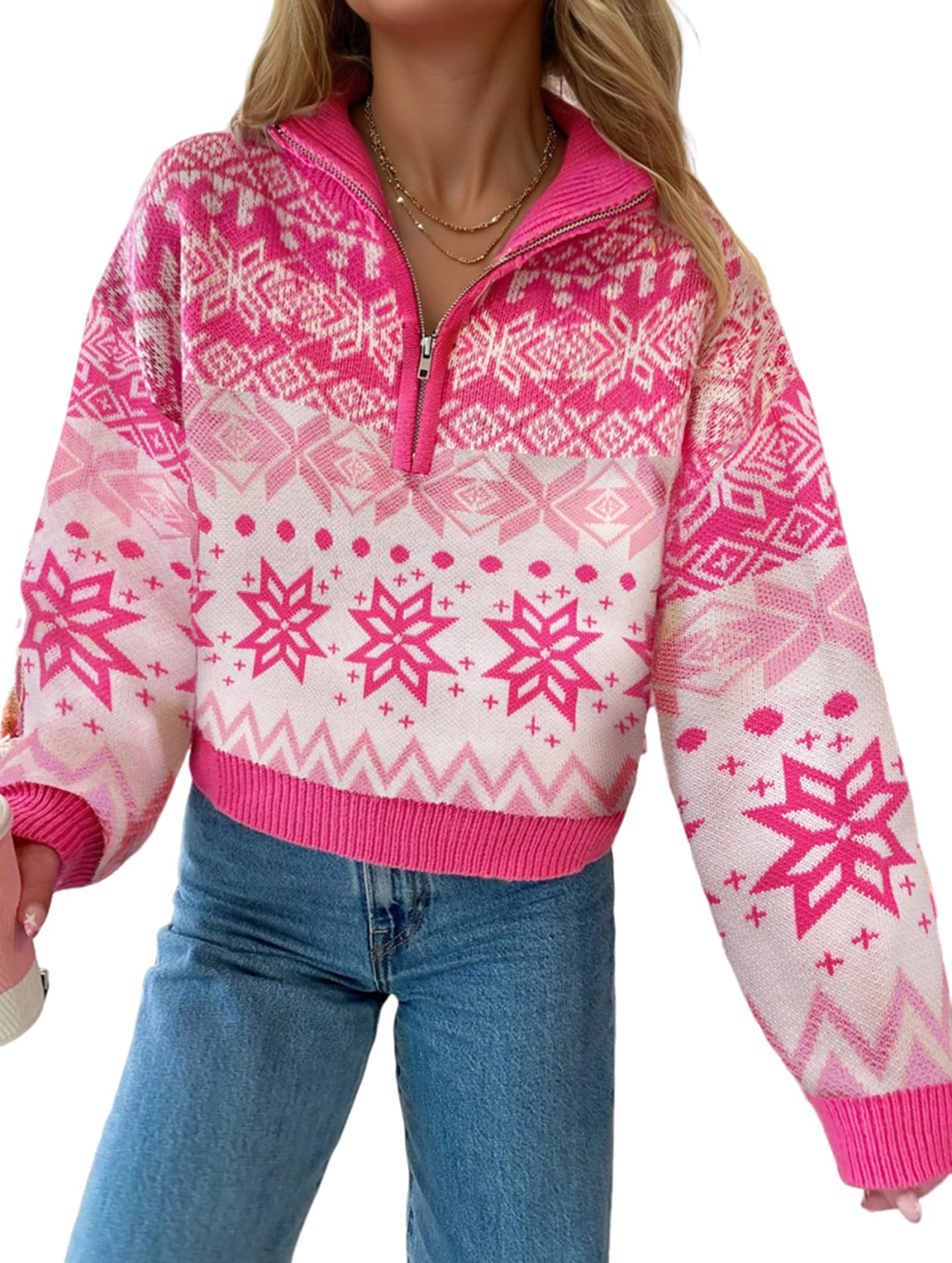 Apvirdy Christmas Sweaters for Women Cropped Pullover Half Zip Sweater Snowflake Contrast Trim Knit Tops Holiday Party