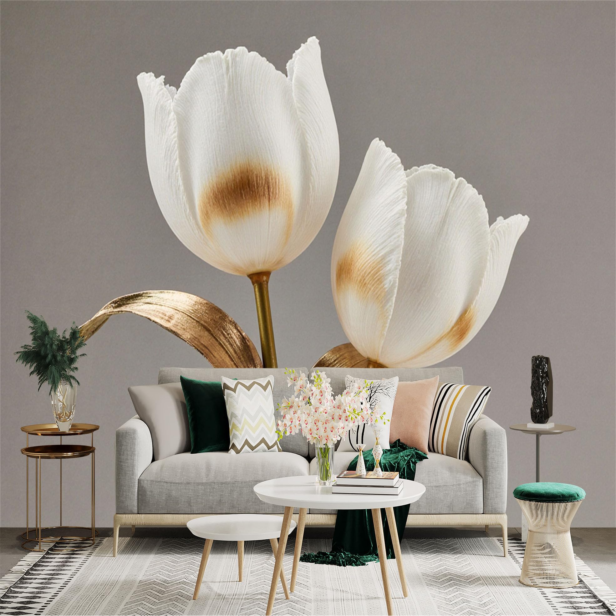 Custom Size Wall Sticker Mural， Elegant White Tulips with Golden Leaves， Botanical Art Decor， Minimalist Floral Aesthetic， for wall Decoration， peelandstick wall Decals.