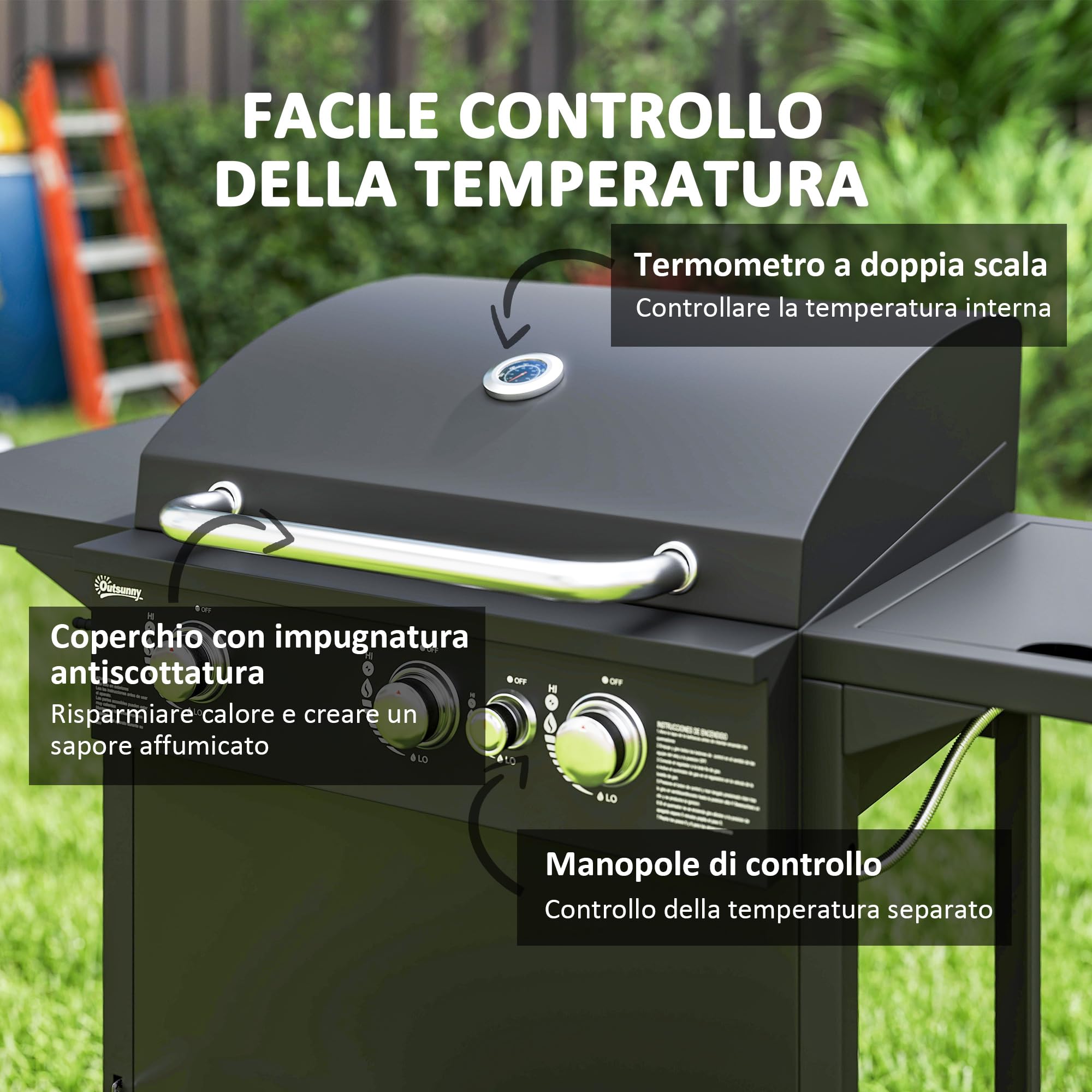 Outsunny Barbecue a Gas in Acciaio 3+1 Bruciatori, Coperchio, Termometro, Ruote, Nero