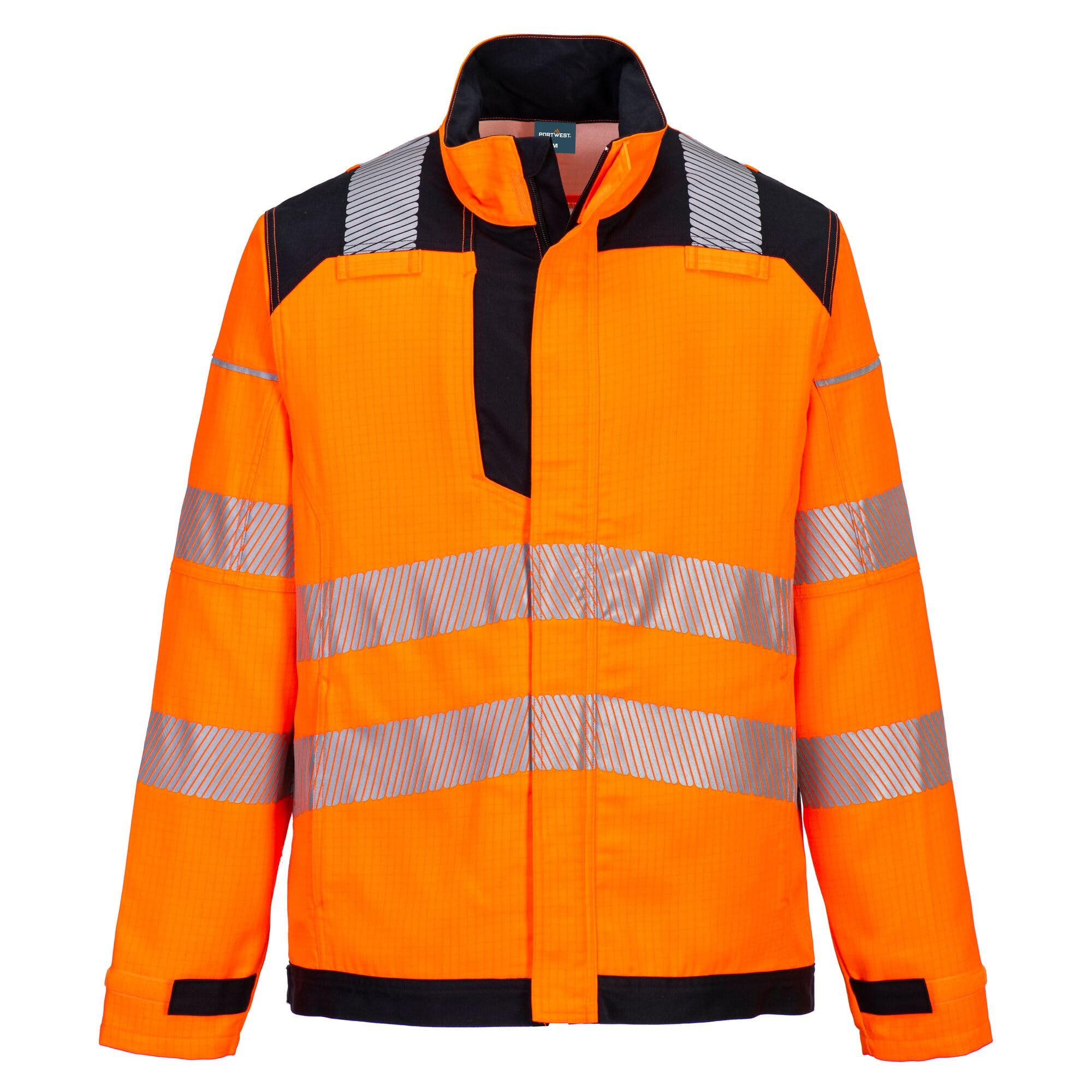 Portwest FR722 PW3 Hi-Vis Multi-Norm Flame Resistant Jacket Modaflame Work Stretch Panel CE Certified Safety Breathable Reflective Coat Men’s Workwear PPE Orange/Black, M