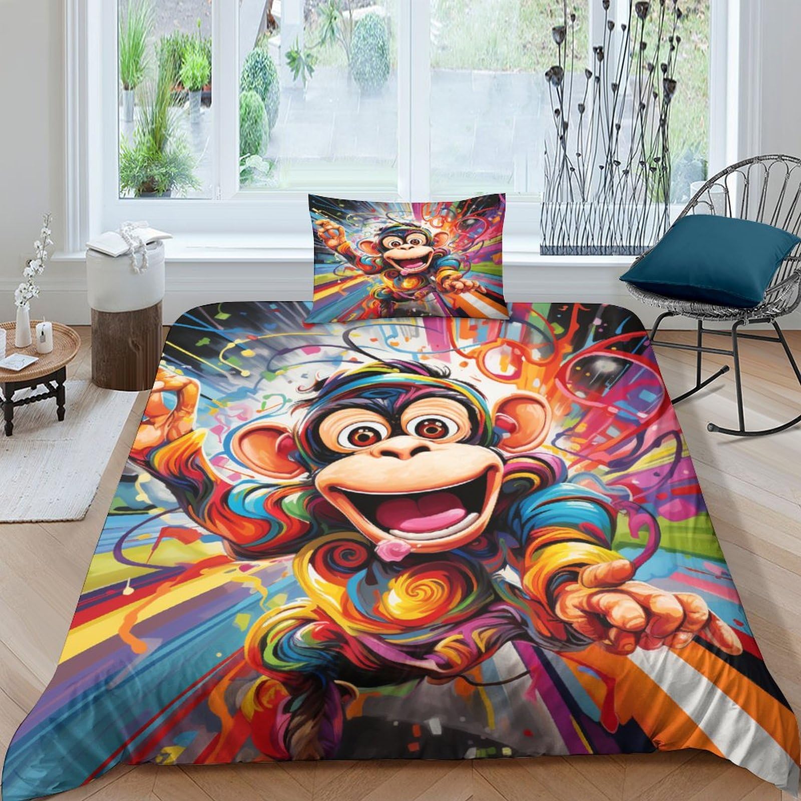 ENYISIYULO Monkey Duvet Cover Set 3 PCS Hotel Quality Quilt Cover Bed Sets Bed Covers with Pillowcases with Zipper Closure Ultra Soft Hypoallergenic Microfiber Single（135x200cm）