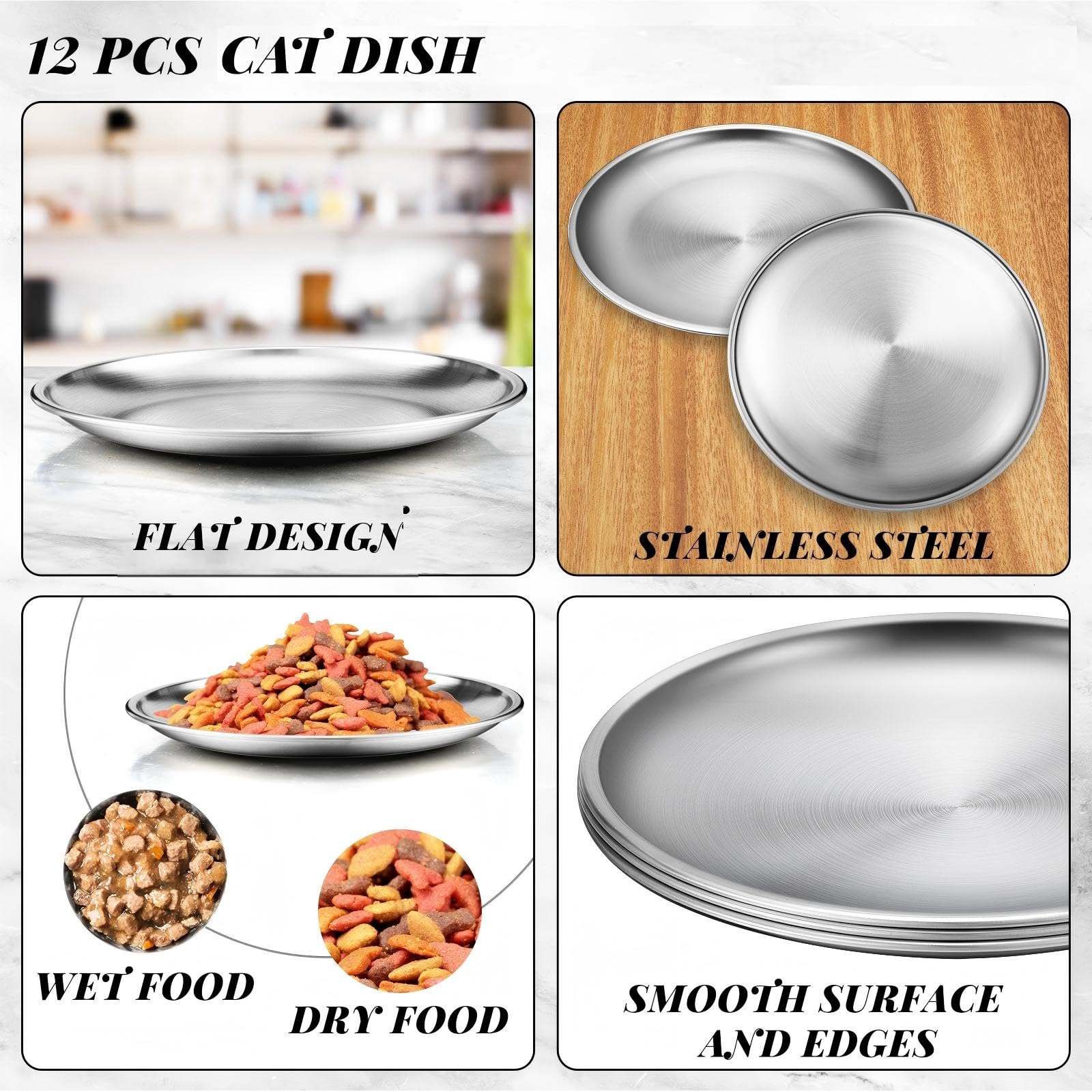 Domensi 12 ciotole per gatti in acciaio inox, poco profonde, 16 cm, ciotole piatte per animali domestici, piccoli piatti per gattini, furetti, randagi