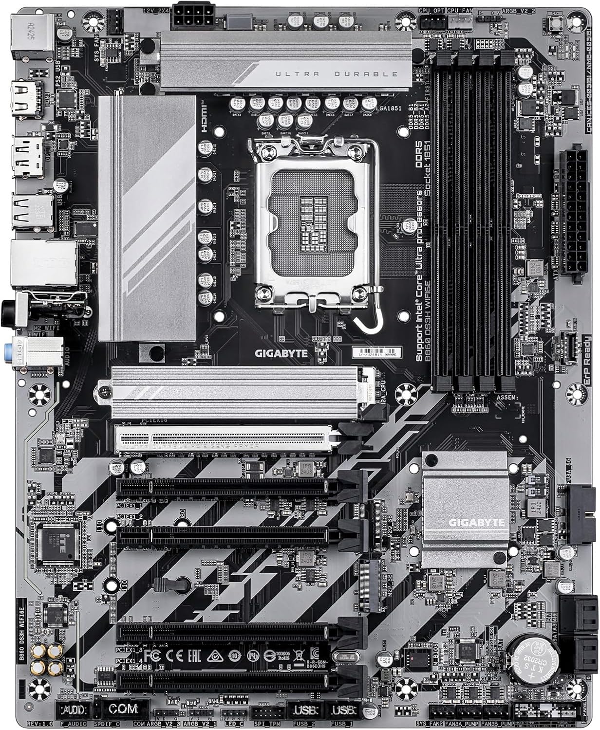 GIGABYTE B860 DS3H WIFI6E Intel Core Ultra (Series 2) LGA 1851 Motherboard, ATX, DDR5, 3X M.2, PCIe 5.0, USB-C, WIFI6E, 2.5GbE LAN, EZ-Latch