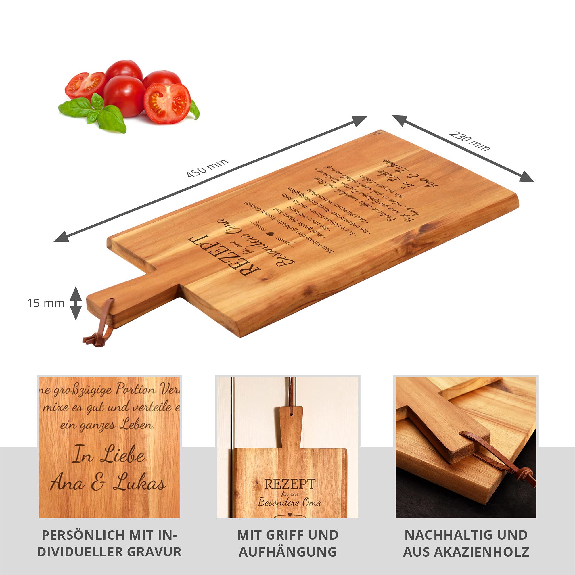 Casa Vivente Großes Schneidebrett mit Griff und Lederband, Personalisierte Gravur mit Namen, Rezept Oma, Geschenkidee zum Muttertag