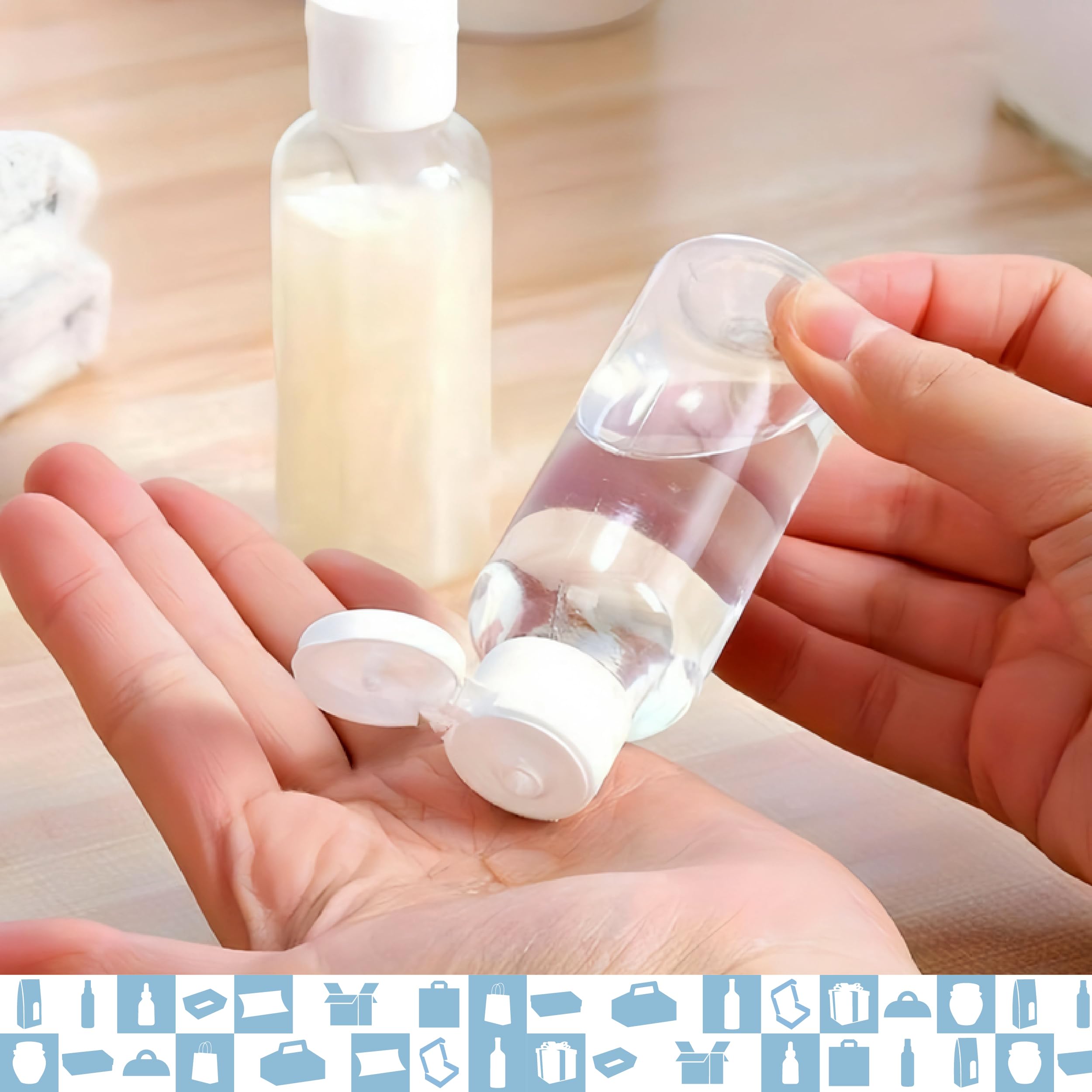 Confezione da 100 flaconi da viaggio da 75 ml in plastica con tappo a flop e scatola, bottiglie per cosmetici, lozione, shampoo, gel doccia, campioni, regali