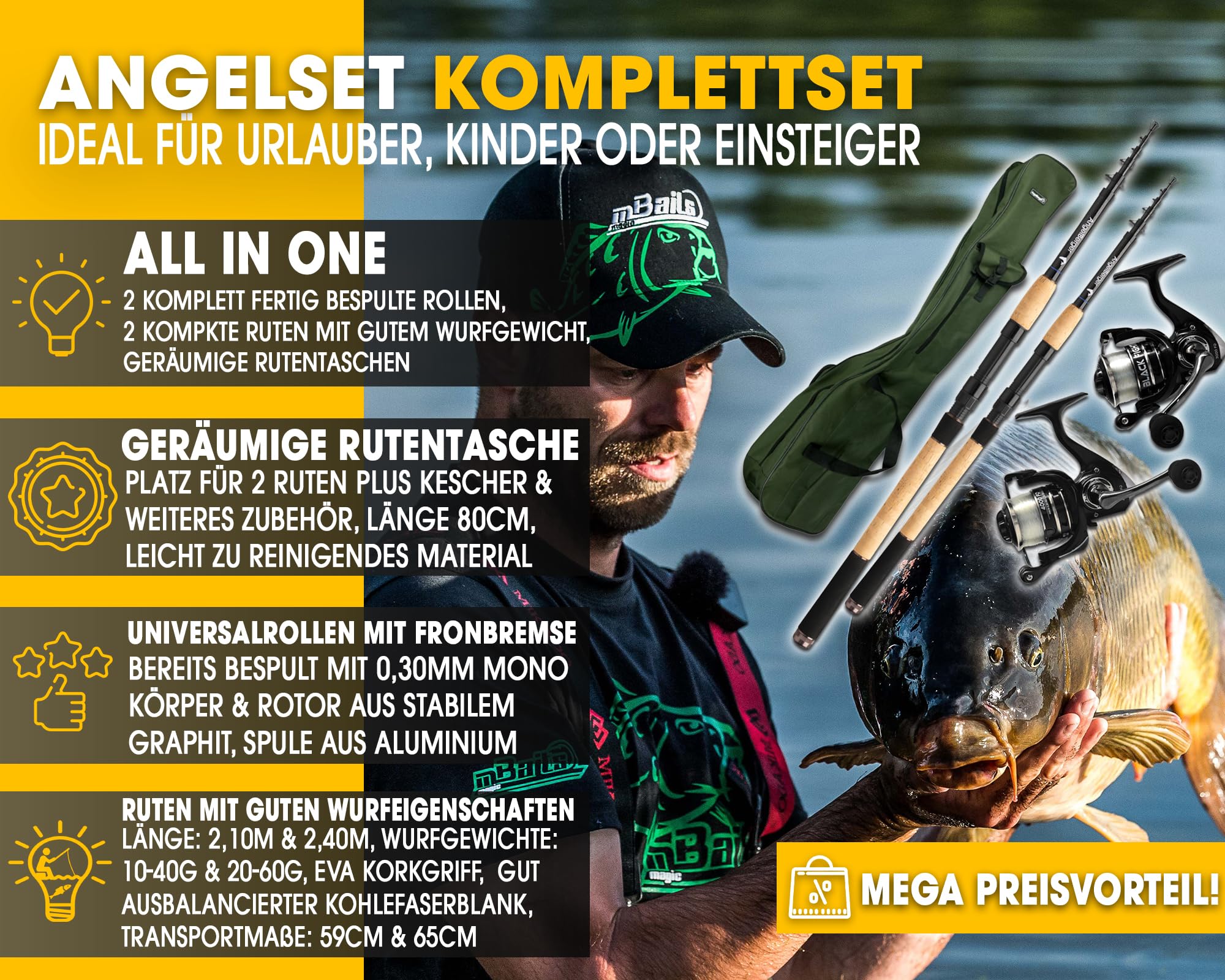 Angel Berger Angelset Komplettset 2 Teleskopruten Rollen Rutentasche Angelruten Angelrollen mit Angelschnur und Rutentasche