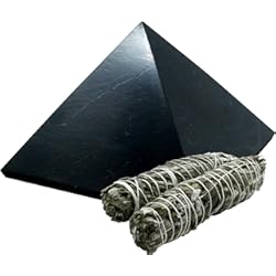 Piedra Interior Casa Heka Naturals Set Paquete de Pirámide de Shungit Pulida y Varillas de Salvia | Una Pirámide de Cristal de Shungit Negra de 8 cm y Dos Varillas de Salvia Blanca - Decoración de Escritorio