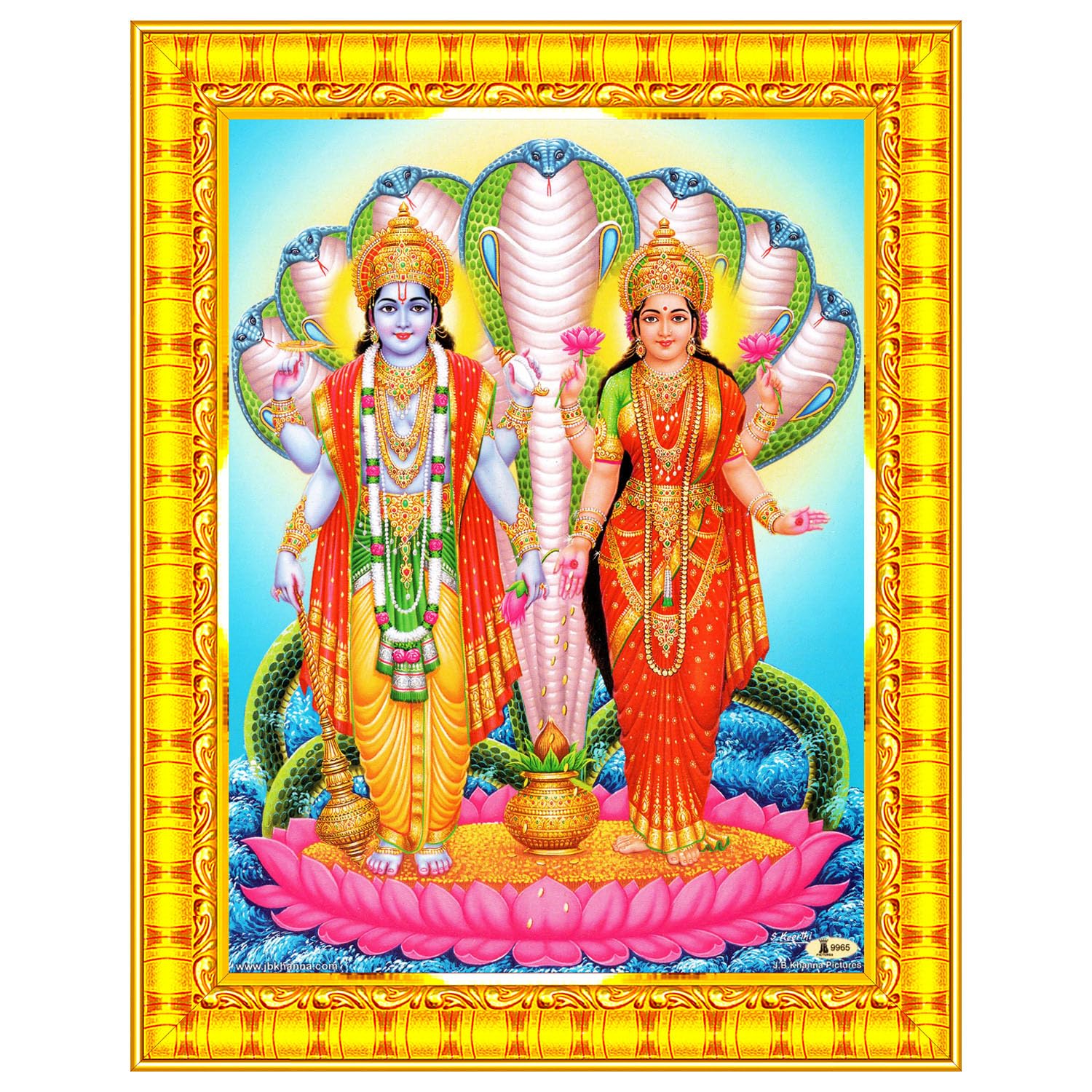 Lord Vishnu Dev Lakshmi Devi Laxmi Narayan Ji Wall Painting Framed Home Decor (Wood,Matte,Gold,Small Size,6 x 8 Inch) R582S