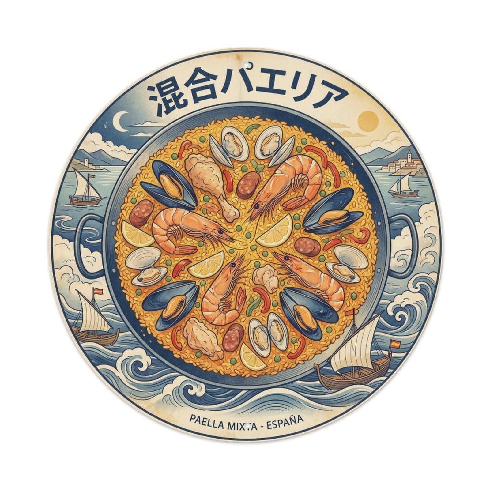 Paella Restaurant Woodblock Spanish Food Metal Tin Sign