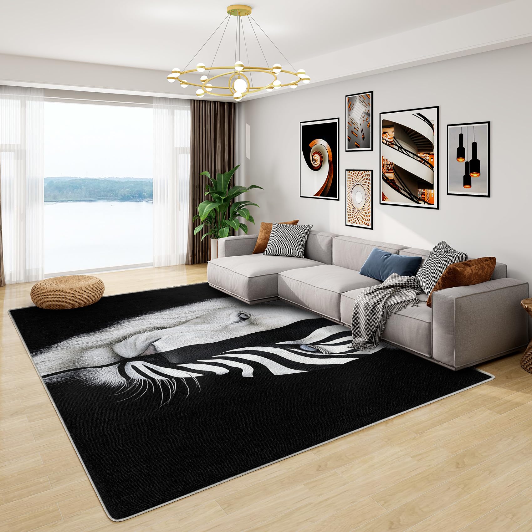 Phtbz Lion Rug - Lion Rug Decor, 8x10 ft Washable Non-Slip Stain Resistant 3D Wild Animal Area Rug, Black and White Art Carpet for Living Room,