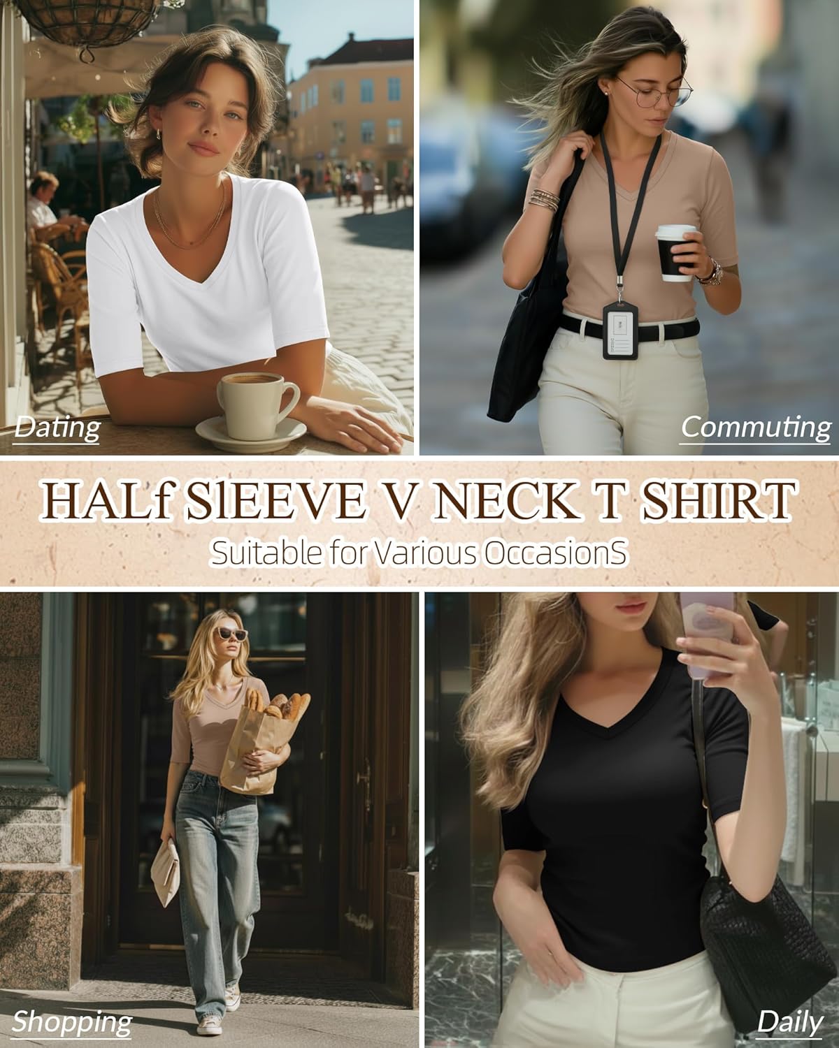 Ficerd 3 Pack Women's Half Sleeve V Neck T Shirts, Mid Elbow Length Sleeve Shirt Slim Fit Tunic Top Casual Summer Tee - Image 2