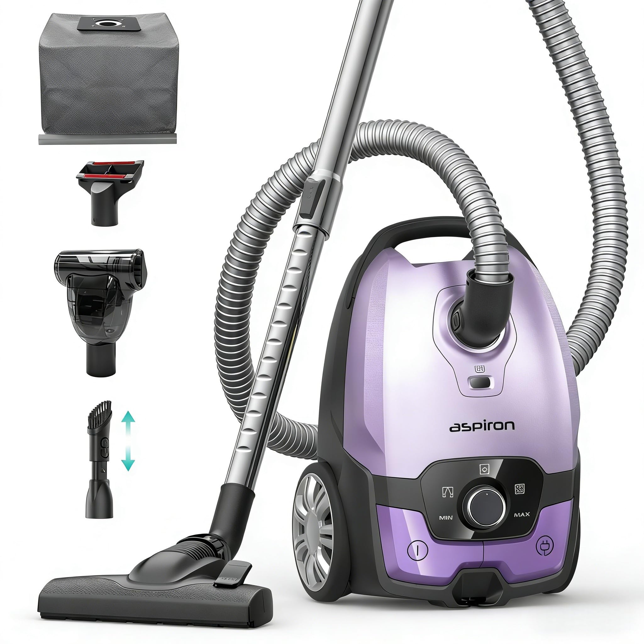 Aspiron Canister Vacuum,1700W/45KPA Bagged Vacuum Cleaner,5L Large Capacity,Auto Cord Rewind,HEPA Filter,Low Noise,8M Cleaning Radius,Variable Power Control,Easy to Push,Hard Floor,Pet,Carpet