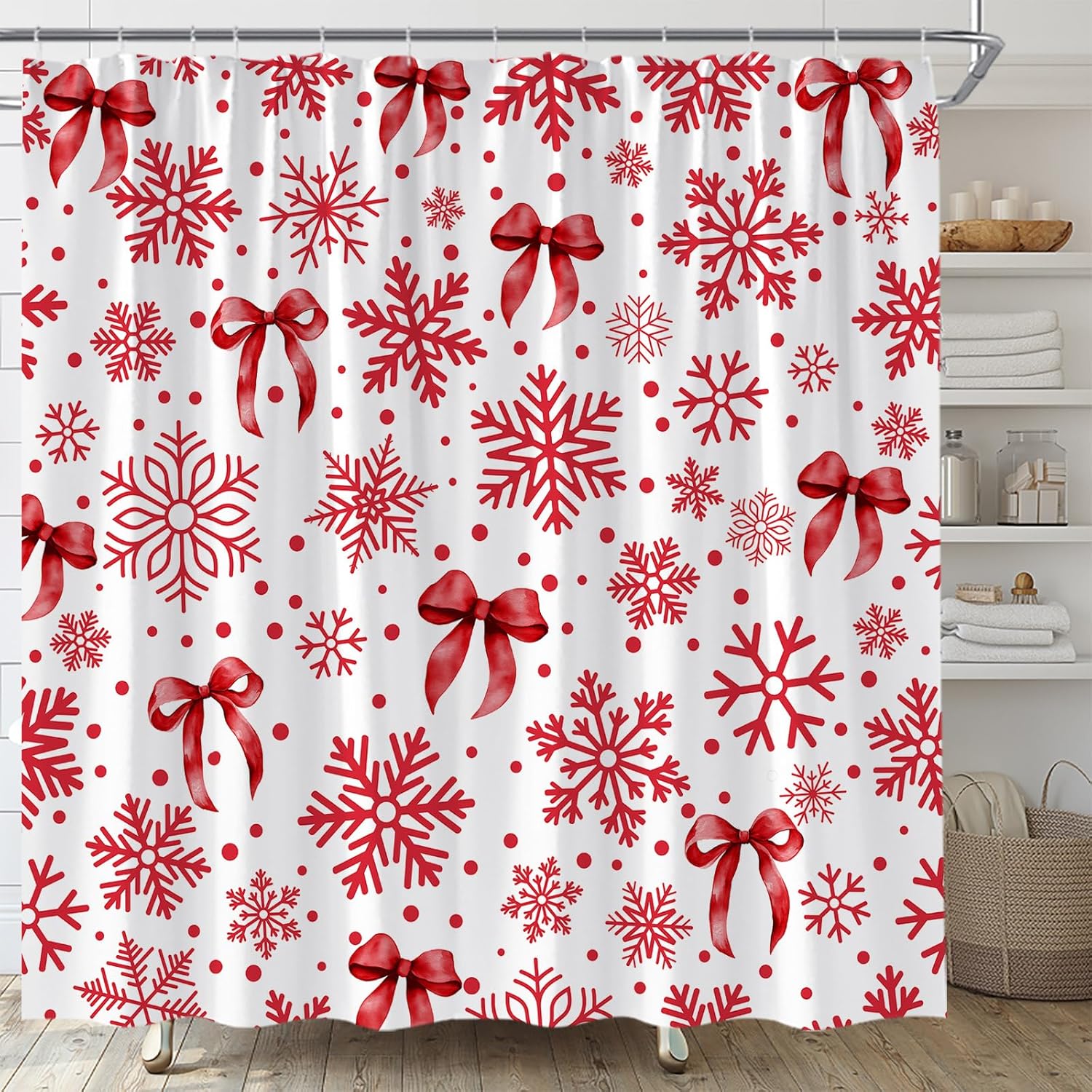 Snowflake Bow Shower Curtain Red Christmas Winter Holiday Cute Girly Aesthetic Polyester Fabric Bathroom Decor Set with Hooks(70" Wx84 H)