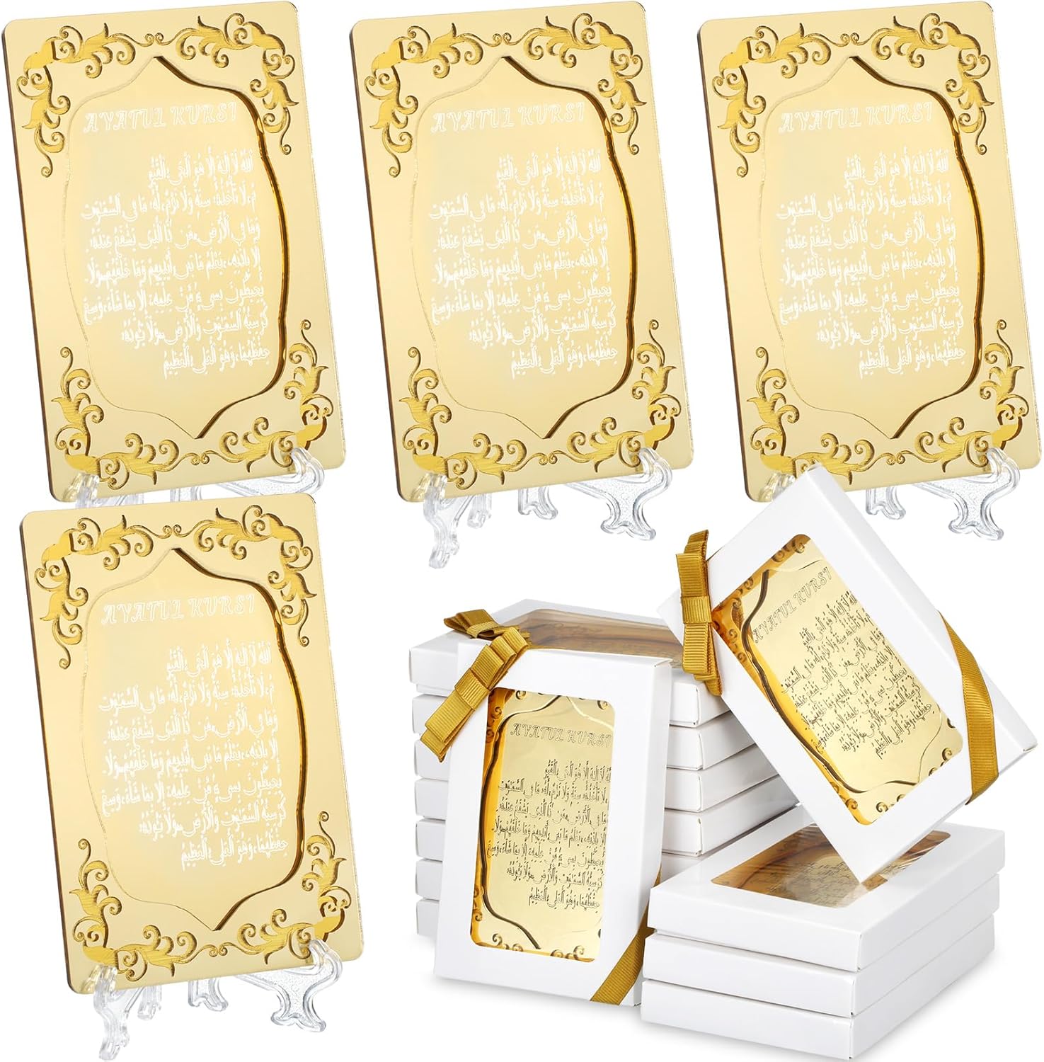 Yinkin 24 Pcs Eid Gifts for Women Ayatul Kursi Islamic Party Favors Gifts Ramadan Muslim Wedding Table Art Room Party Decoration with Clear Stand and Gift Boxes (Gold)