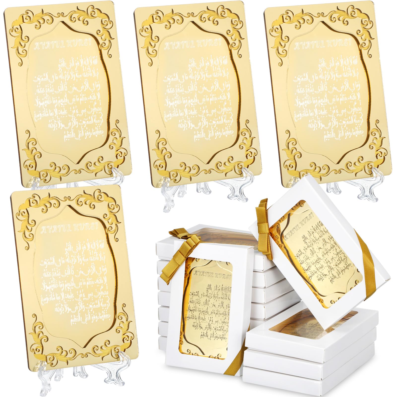 Yinkin 12 Pcs Eid al-Adha Gifts for Women Ayatul Kursi Islamic Party Favors Gifts Ramadan Muslim Wedding Table Art Room Party Decoration with Clear Stand and Gift Boxes (Gold)