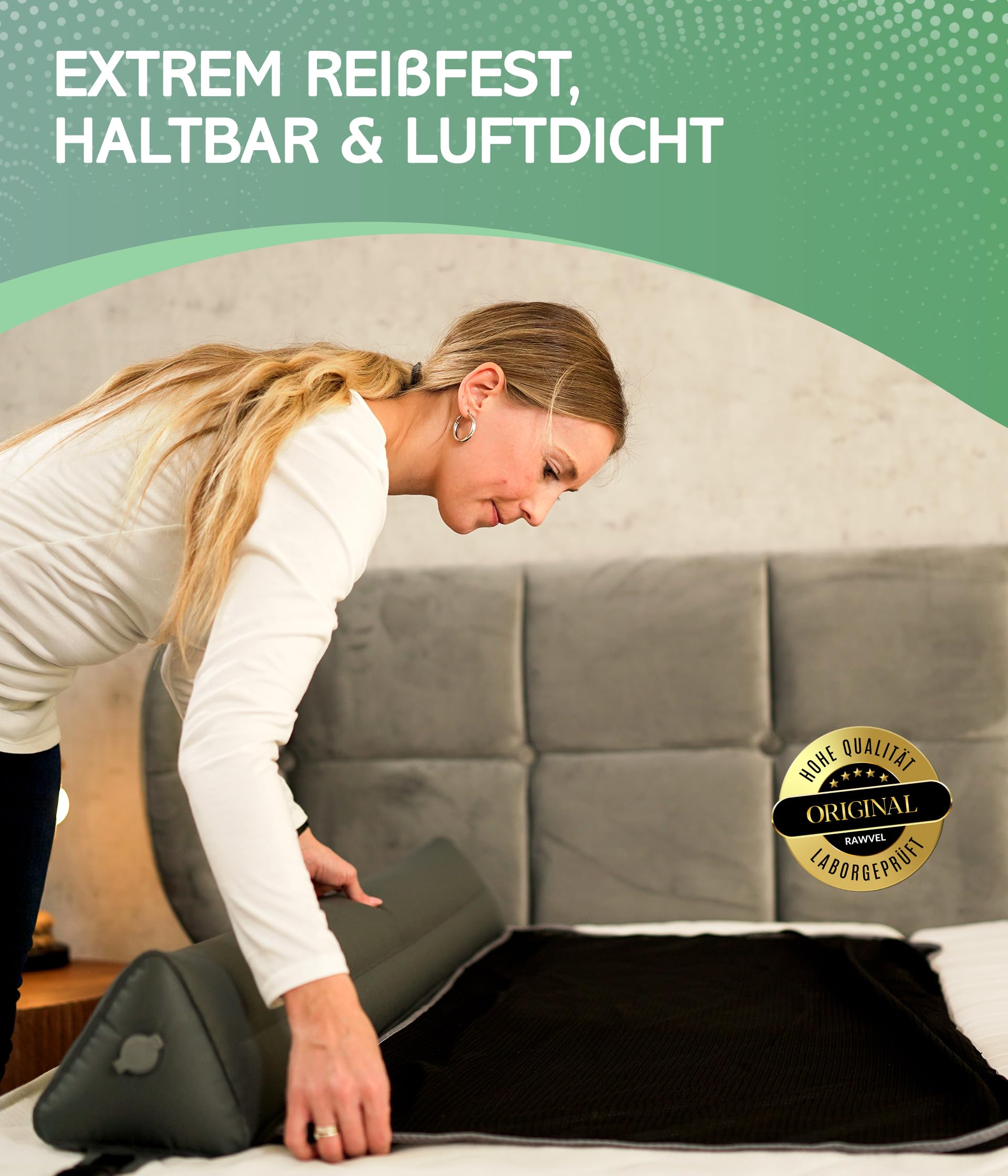 RAWVEL® Rausfallschutz aufblasbar 130cm Premium - [NEU 2025] - passend für alle Betten Zuhause & auf Reisen - Rausfallschutz Bett Reise BPA Frei & Laborgeprüft + Nylongurt (1er Set)