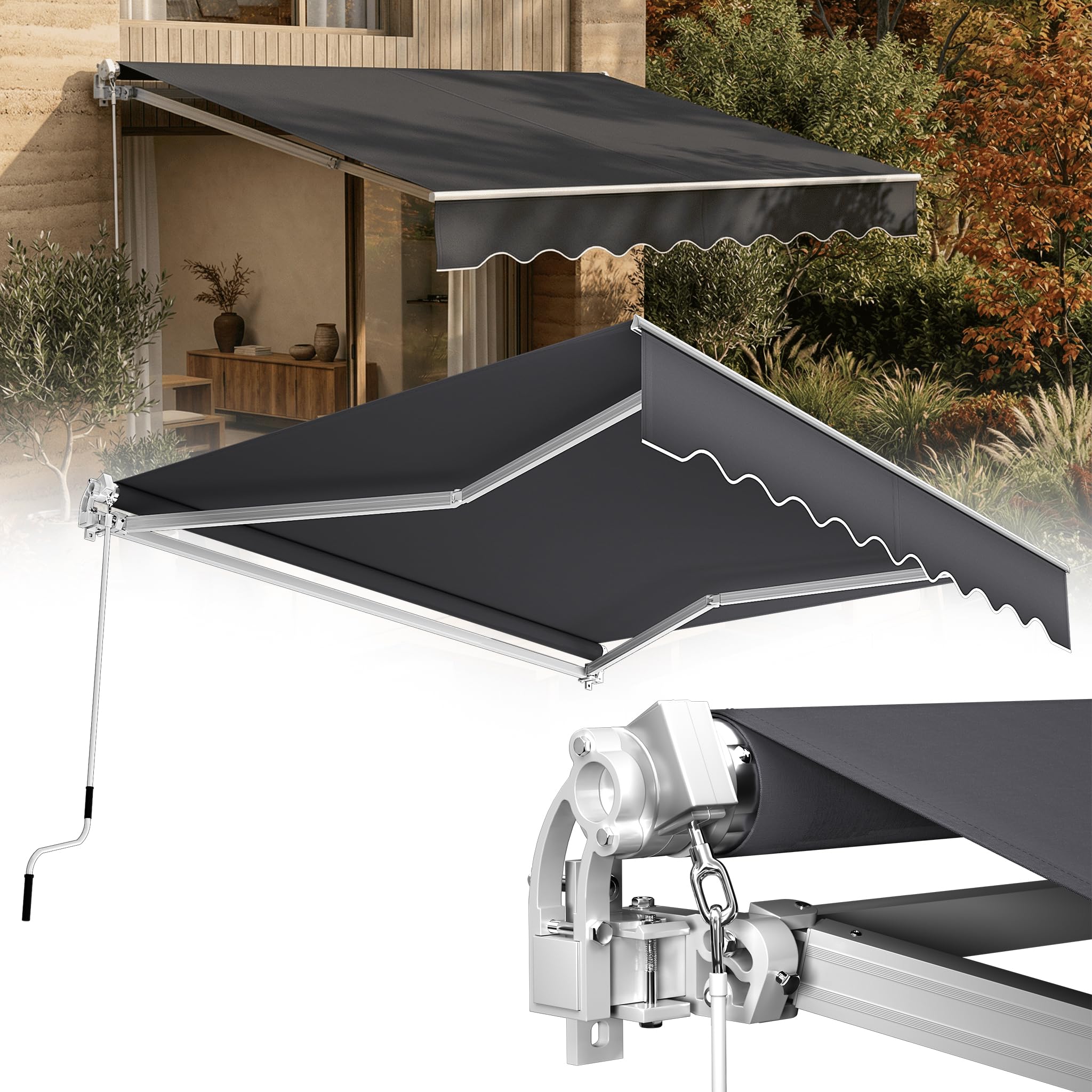 YRHome Markiza z przegubowym ramieniem, aluminiowa markiza zaciskowa, markiza przeciwsłoneczna, ochrona przed słońcem, wodoodporna, ochrona przed promieniowaniem UV, z korbą ręczną, na taras, balkon, ciemnoszara (300 x 250 cm)