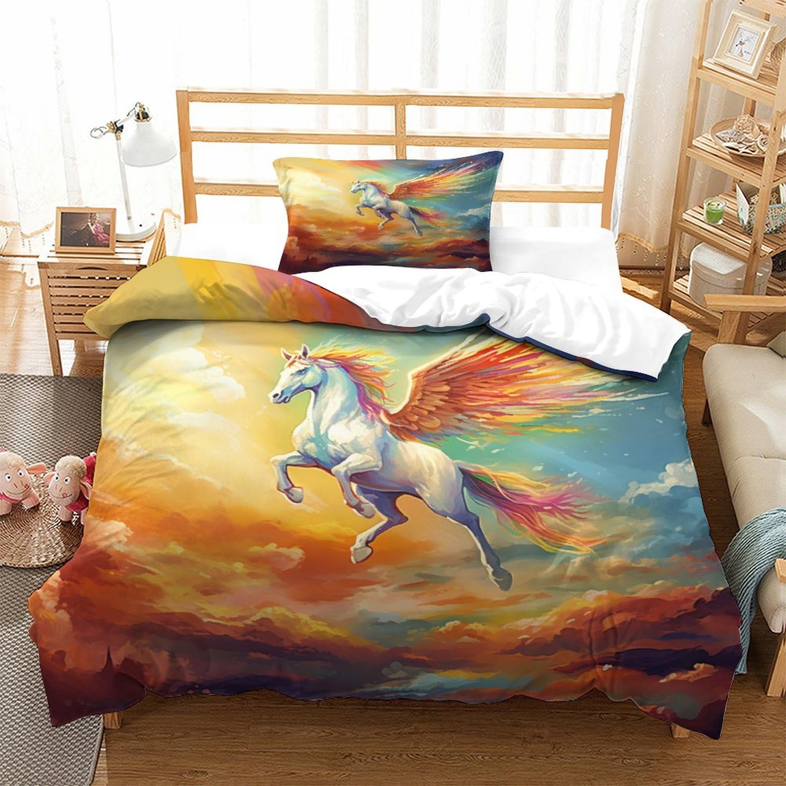 P1S9U7W5Y Romantic Fantasy 3D Printed Pegasus Duvet Cover Set 3 Pieces Microfiber Bedroom Decor Pegasus Bedding Set Soft Breathable for Adults Teens Single（135x200cm）