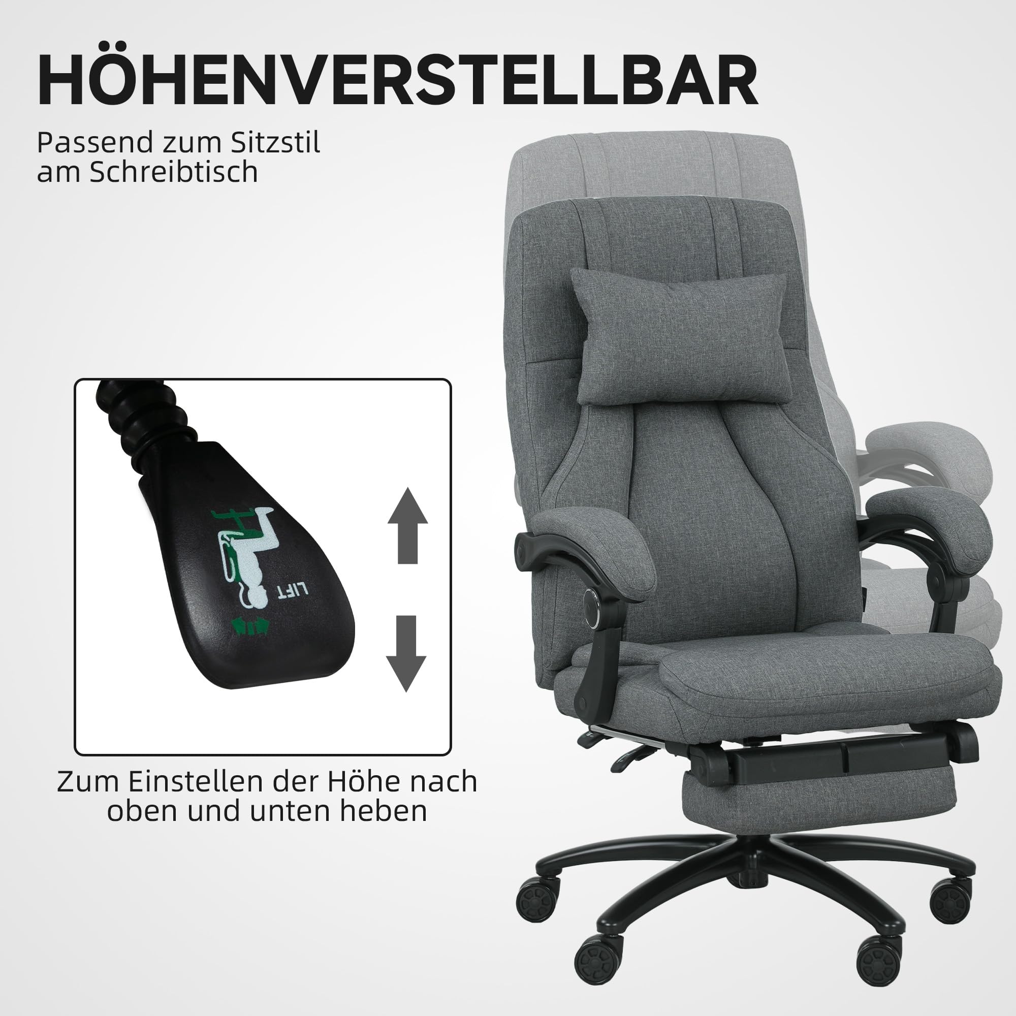Vinsetto Bürostuhl mit Massagefunktion Ergonomischer Chefsessel mit Liegefunktion, Fußstütze Höhenverstellbar 360° Drehbar Schreibtischstuhl mit Kopfstütze, USB-Schnittstelle, Leinenoptik, Dunkelgrau