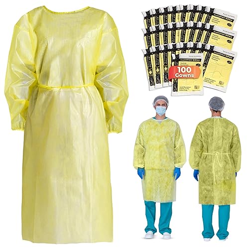 Ever Ready First Aid Bata de aislamiento desechable con muñecas elásticas, tamaño universal, amarillo - Caja de 100
