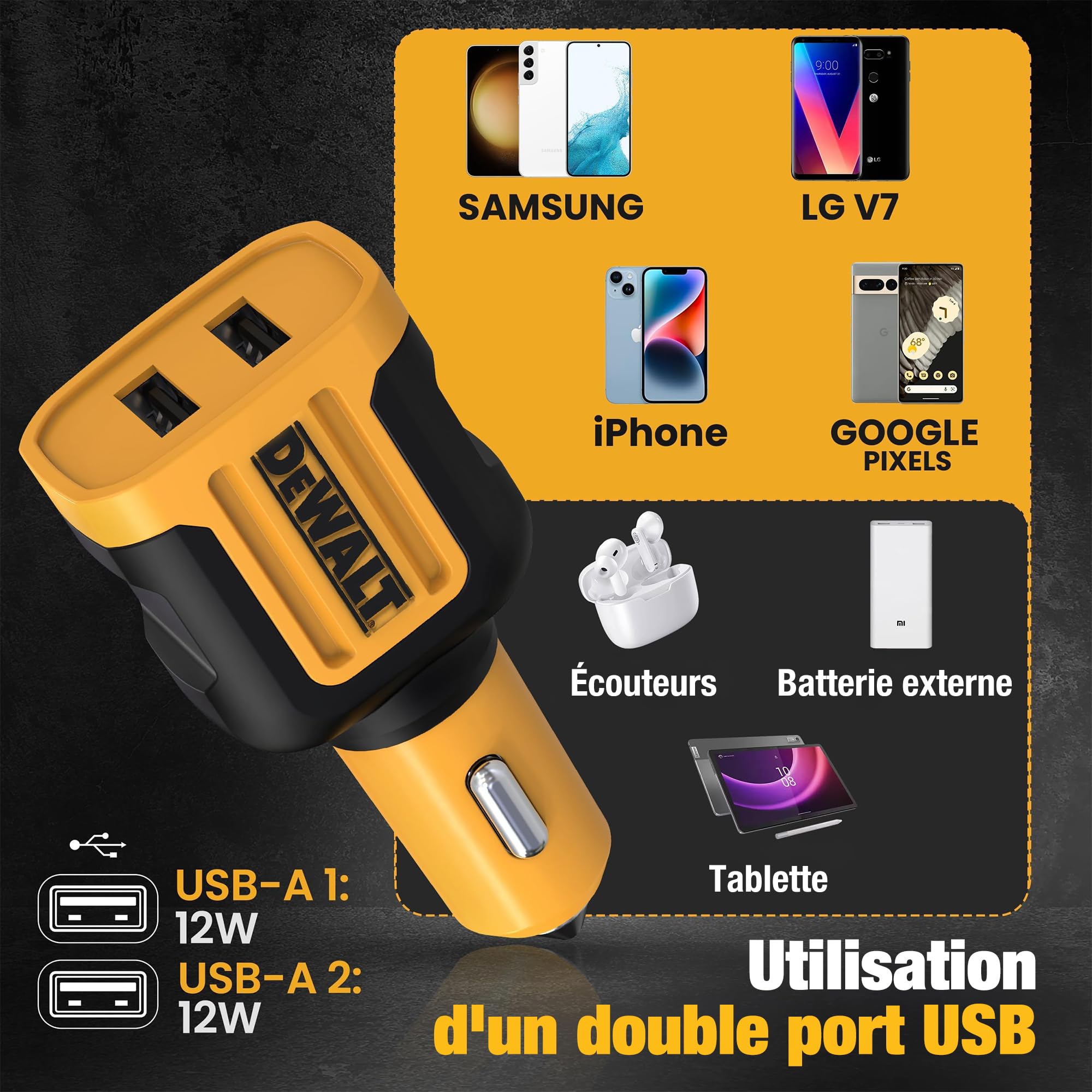 DEWALT Adaptateur Chargeur Voiture 24W USB, Allume-Cigare, Charge Rapide, Compatible iPhone, Samsung Galaxy, iPad