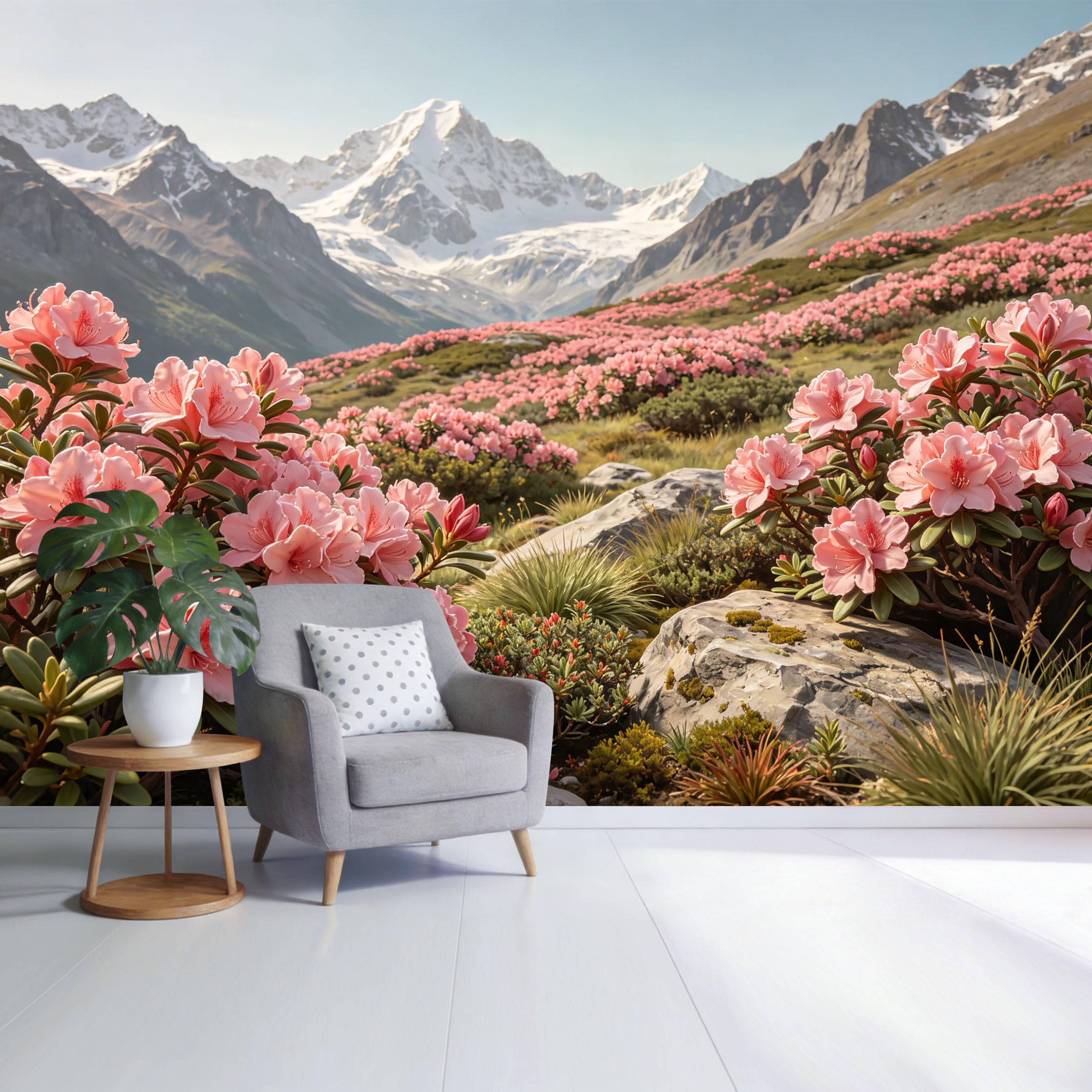 Custom Size Wall Mural Mountain Landscape Pink Rhododendron Blossom Valley Scenic View SelfAdhesive Wall Fabric Removable Wallpaper for Home Office Decor