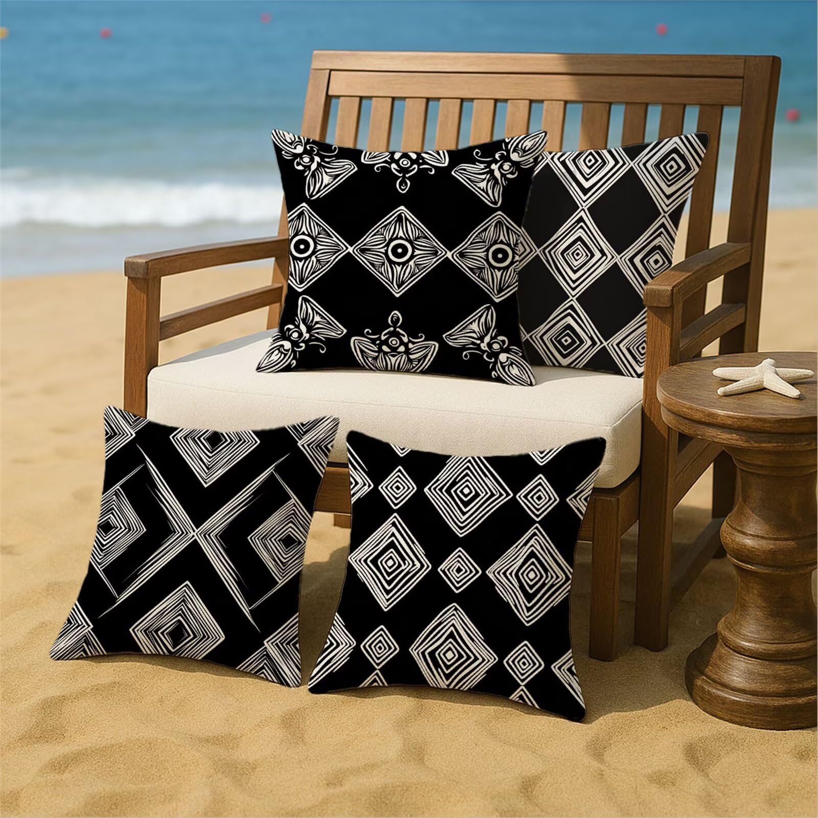 Cojines de terciopelo impermeable para exteriores, 50 x 50 cm, fundas de almohada geométricas en blanco y negro, paquete de 4 unidades decorativas para muebles de jardín y sofá de interior