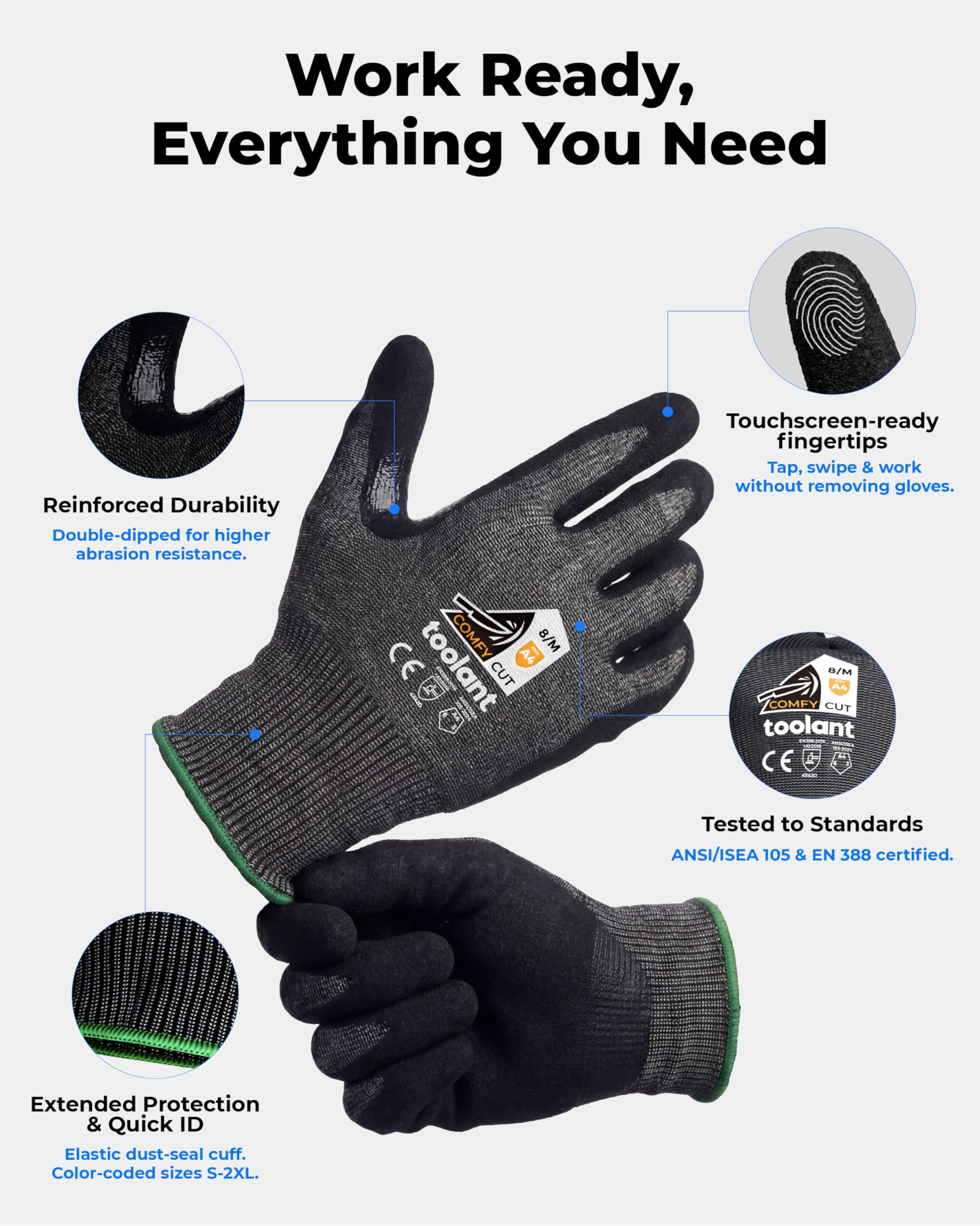 toolant Lot de 3 paires de gants de travail A4 résistants aux coupures avec poignée, gants de sécurité ultra fins pour la pêche, la sculpture sur bois, le jardinage, taille M