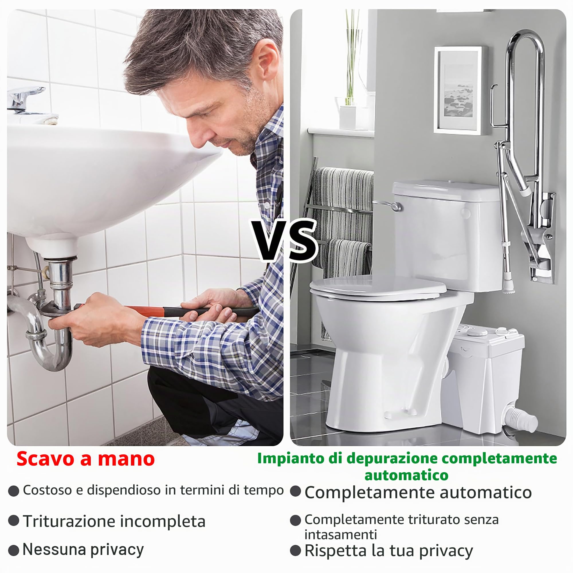 FIVMEN Impianto di sollevamento, 700 W, pompa sanitaria, 180 l/min, impianto di sollevamento piccolo, pompa per feci con filtro ai carboni attivi, lame in acciaio inox e 3 ingressi per WC, lavandino e