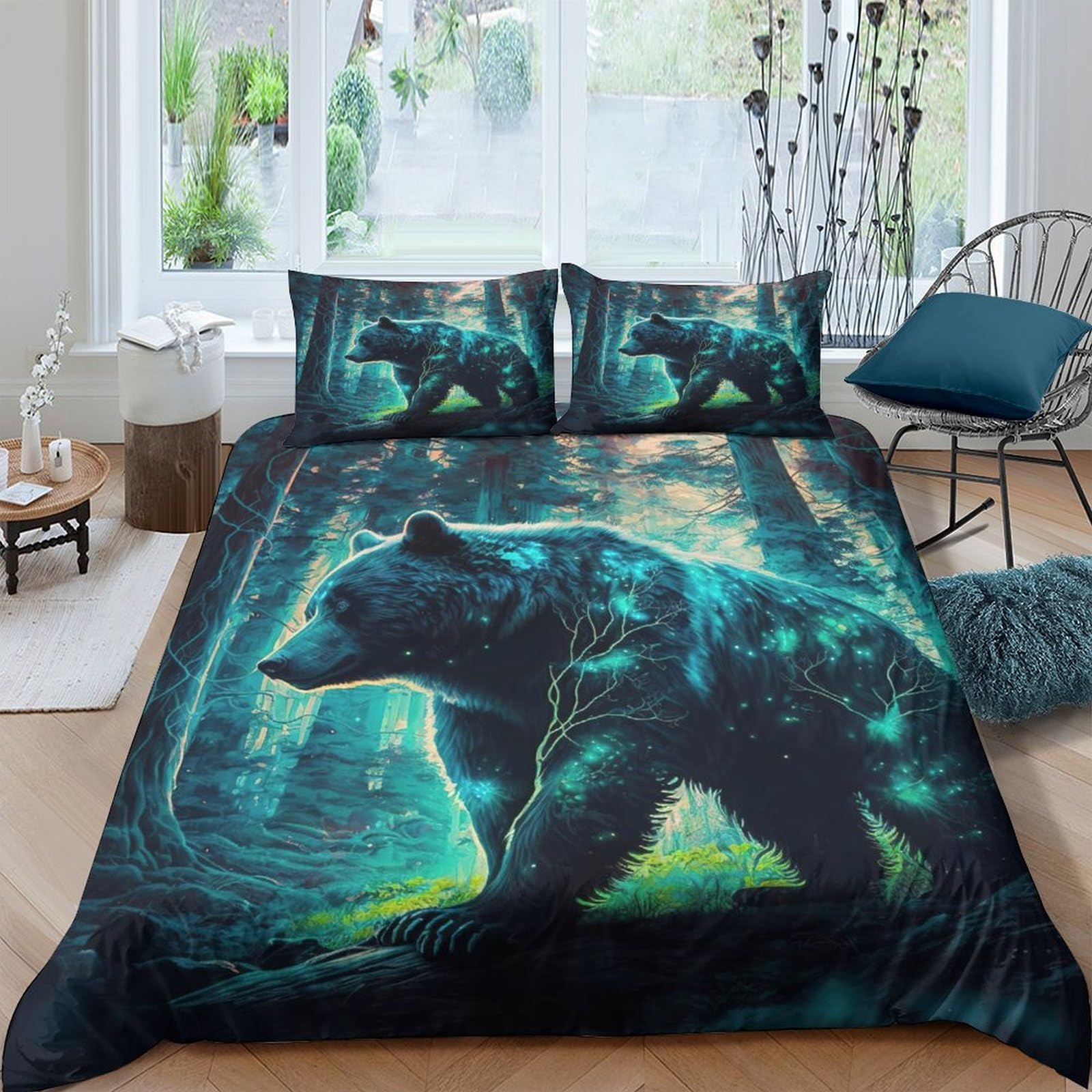 ESSAHI Lumos Bears 3Pcs Comforter Cover Set for Kids Boys Girls Duvet Cover Bedding Set 3D Printed Forest Bear Quilt Cover Microfibre Room Decor with Pillowcases Hidden Zipper King（220x240cm）