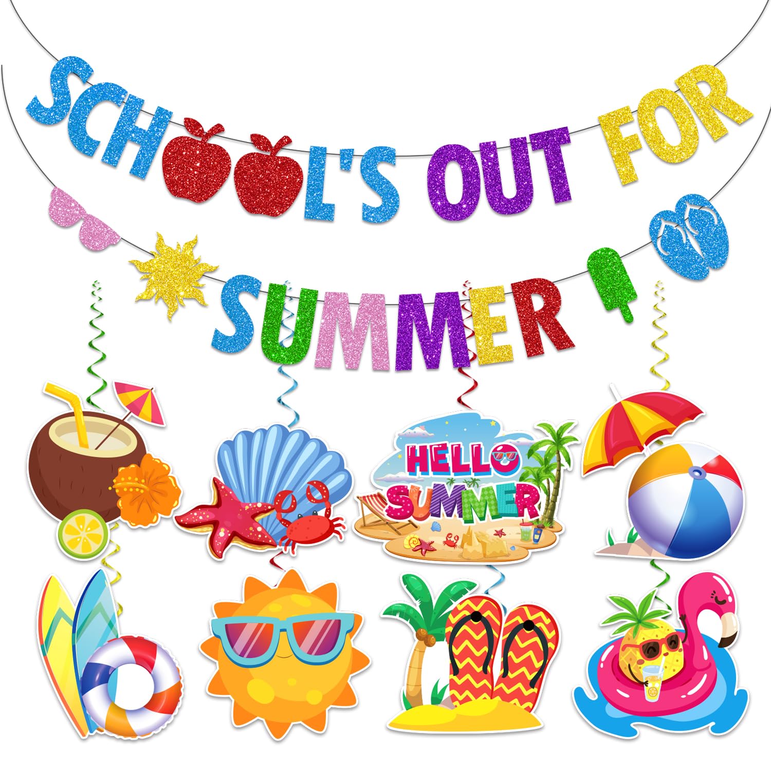 Schools Out for Summer Decorations Banner Swirls, NO-DIY End of School Year Party Decorations Include 1 Pc Out for Summer Banner and 8 Pcs Hanging Swirls
