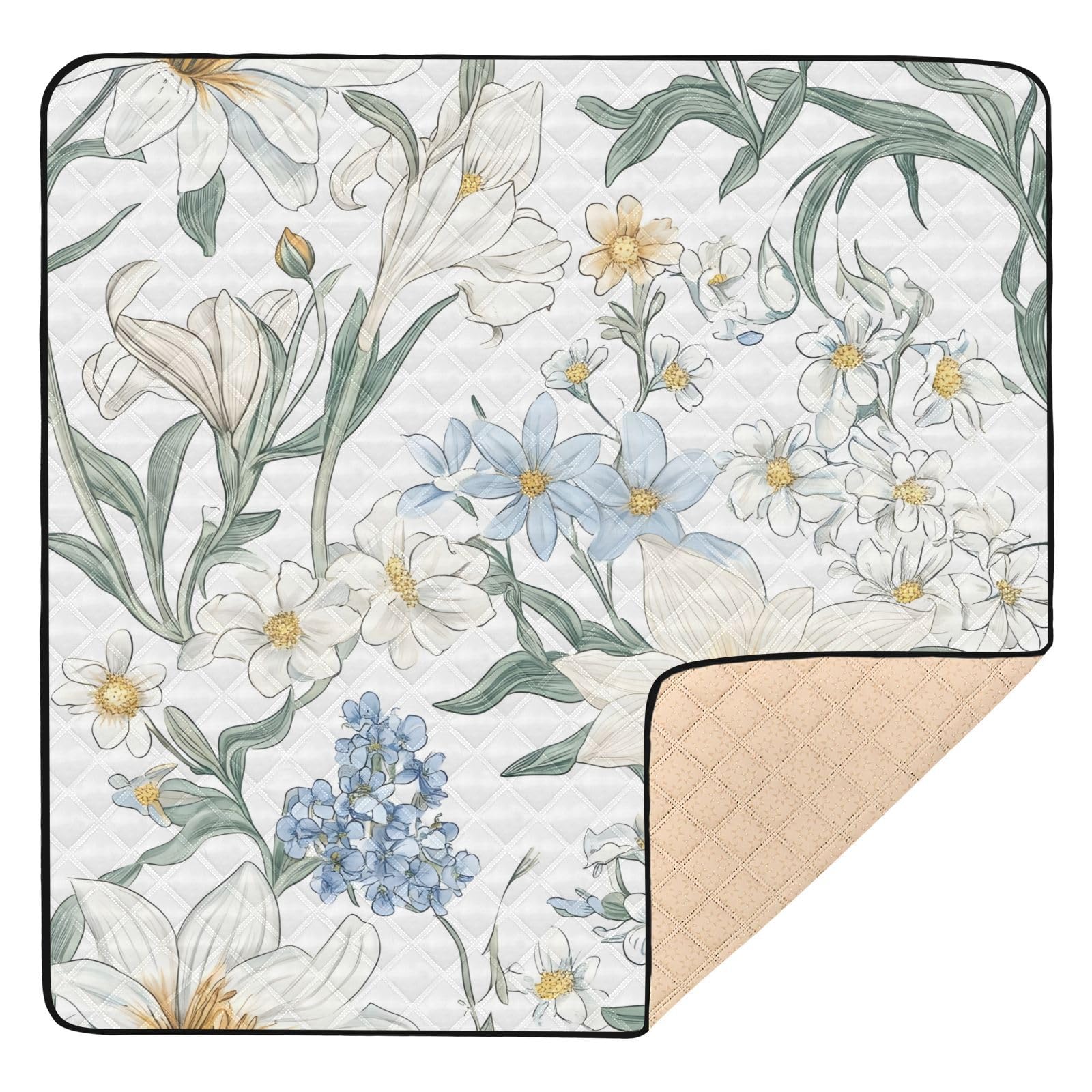 BOESI Doodle Colorful Flower Pattern Baby Play Mat, 50“ X 50” Washable Folding Crawling Mat, Baby Floor Mat, Soft, Thick, Non-Slip