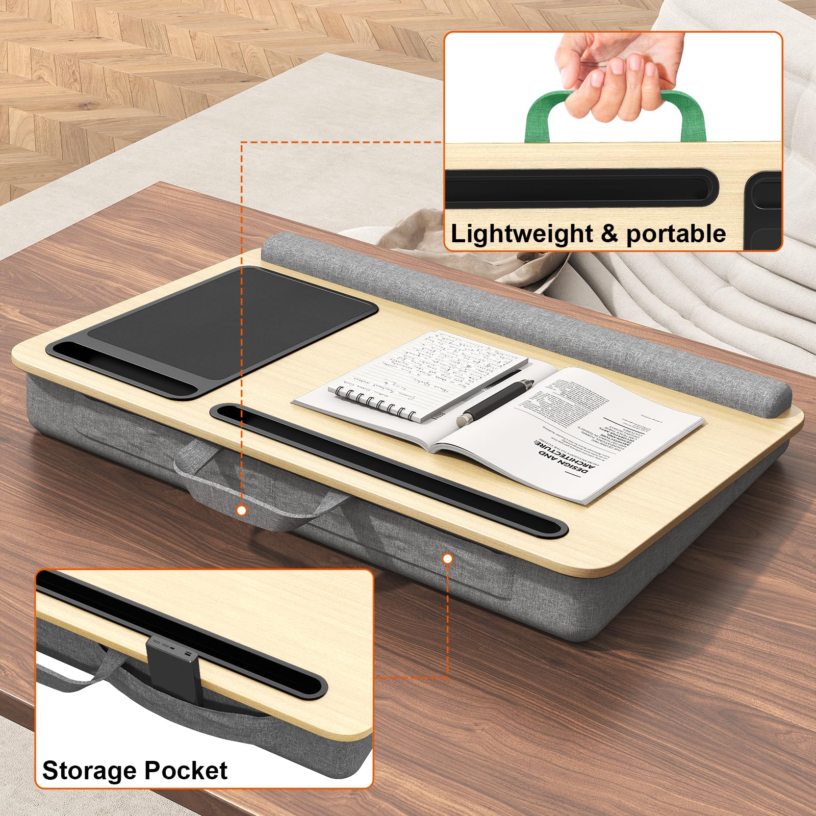 Lap Desk per computer portatili fino a 17.3", PUTORSEN scrivania portatile extra large con tappetino per mouse e tappetino da polso per notebook, Tablet, supporto per laptop con supporto per tablet
