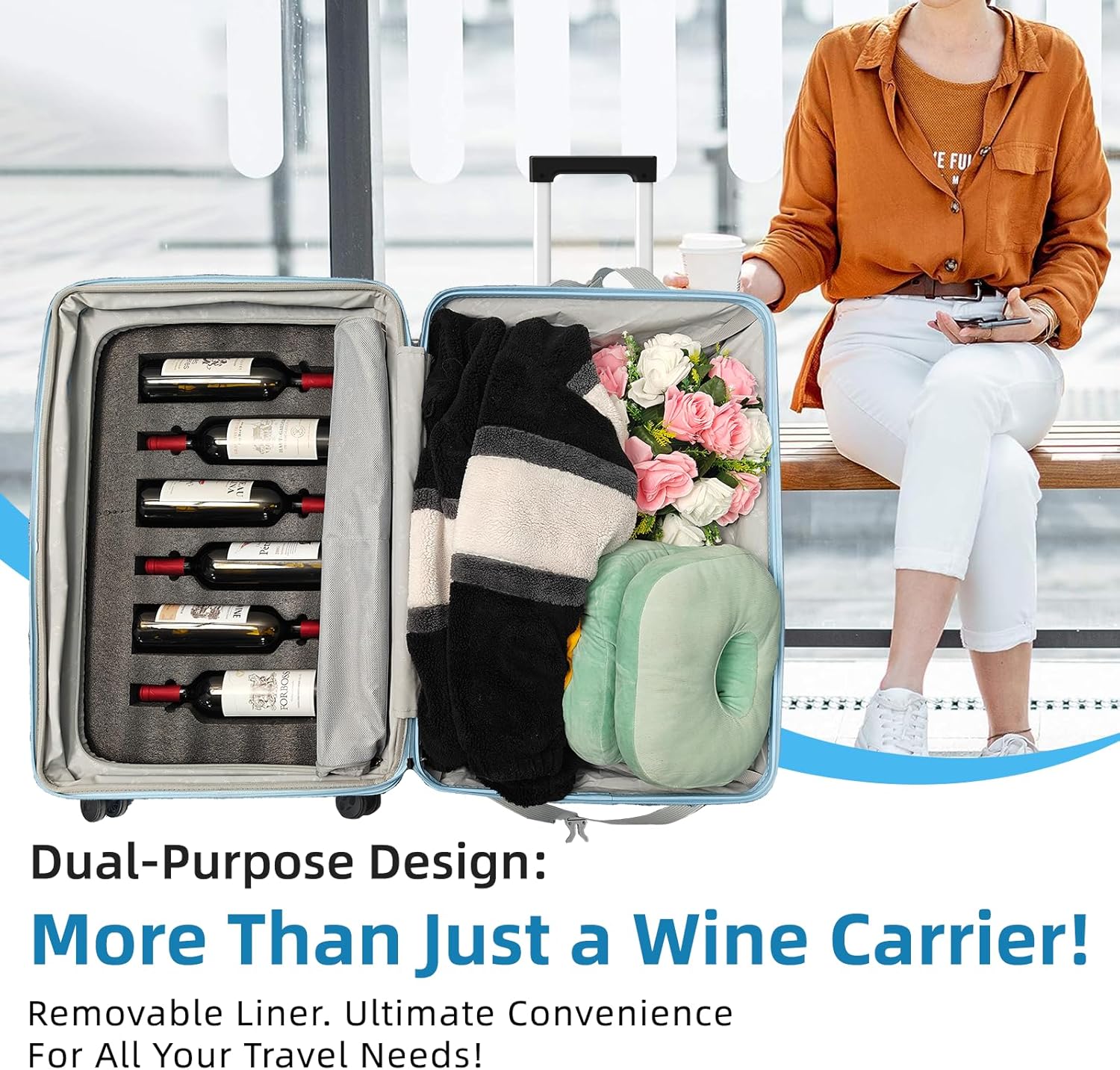Wine Suitcase for Airplanes, 12 Bottle Capacity, Durable Wine Shipping Box, Wine Travel Case with TSA Lock, Versatile Wine Carrier with Removable Inserts and Silent Spinner Wheels(Aqua Blue)
