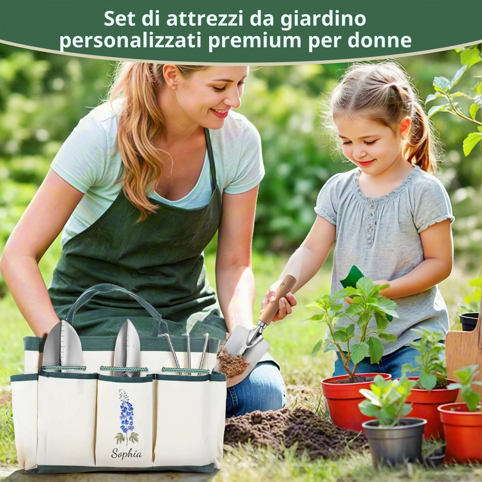 Set di Attrezzi da Giardinaggio Personalizzati, Kit di Forniture da Giardinaggio, Regali da Giardinaggio per Donne, Borsa Organizzatore per Attrezzi da Giardino con Fiore di Nascita e Nome