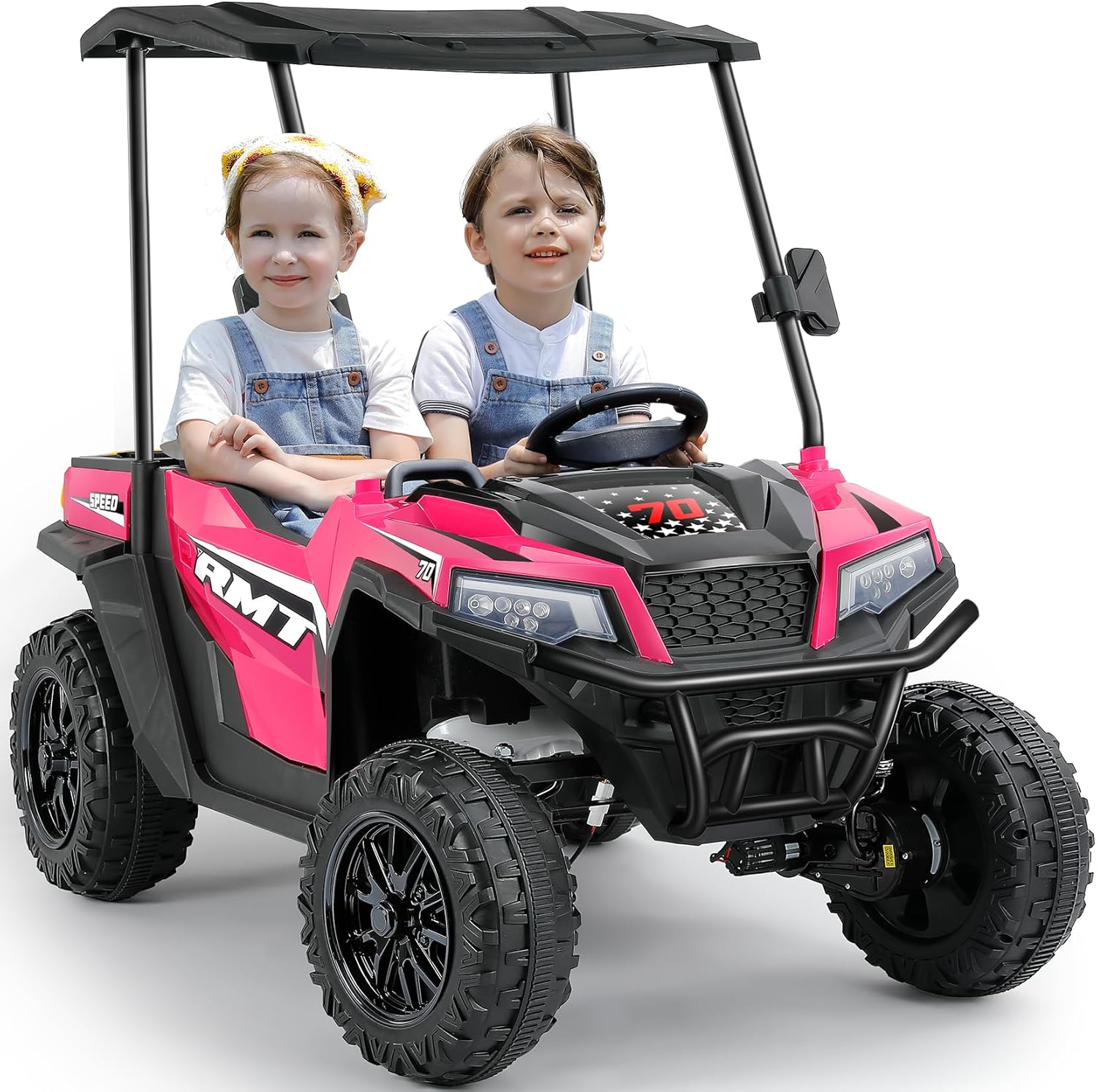 ELEMARA 24V Ride on Toy for Big Kid,Ride on Car 2 Seater w/Sun Shade,Dump Bed & Shovel,4.5MPH,4WD Electric Car for Kids,Battery Car w/Remote,Kids Ride on Truck,3 Speed,LED Lights,Bluetooth, Candy Pink