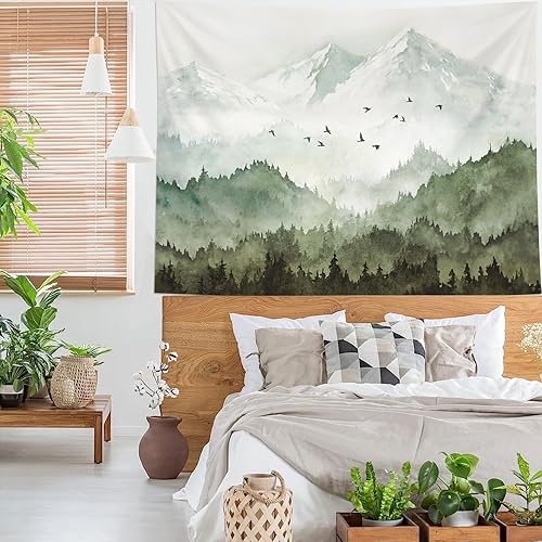 Miniatura 9 de kampdream Tapiz de bosque de montaña, tapiz de pared de paisaje verde salvia brumosa y verde salvia, tapiz de pared, paisaje natural para