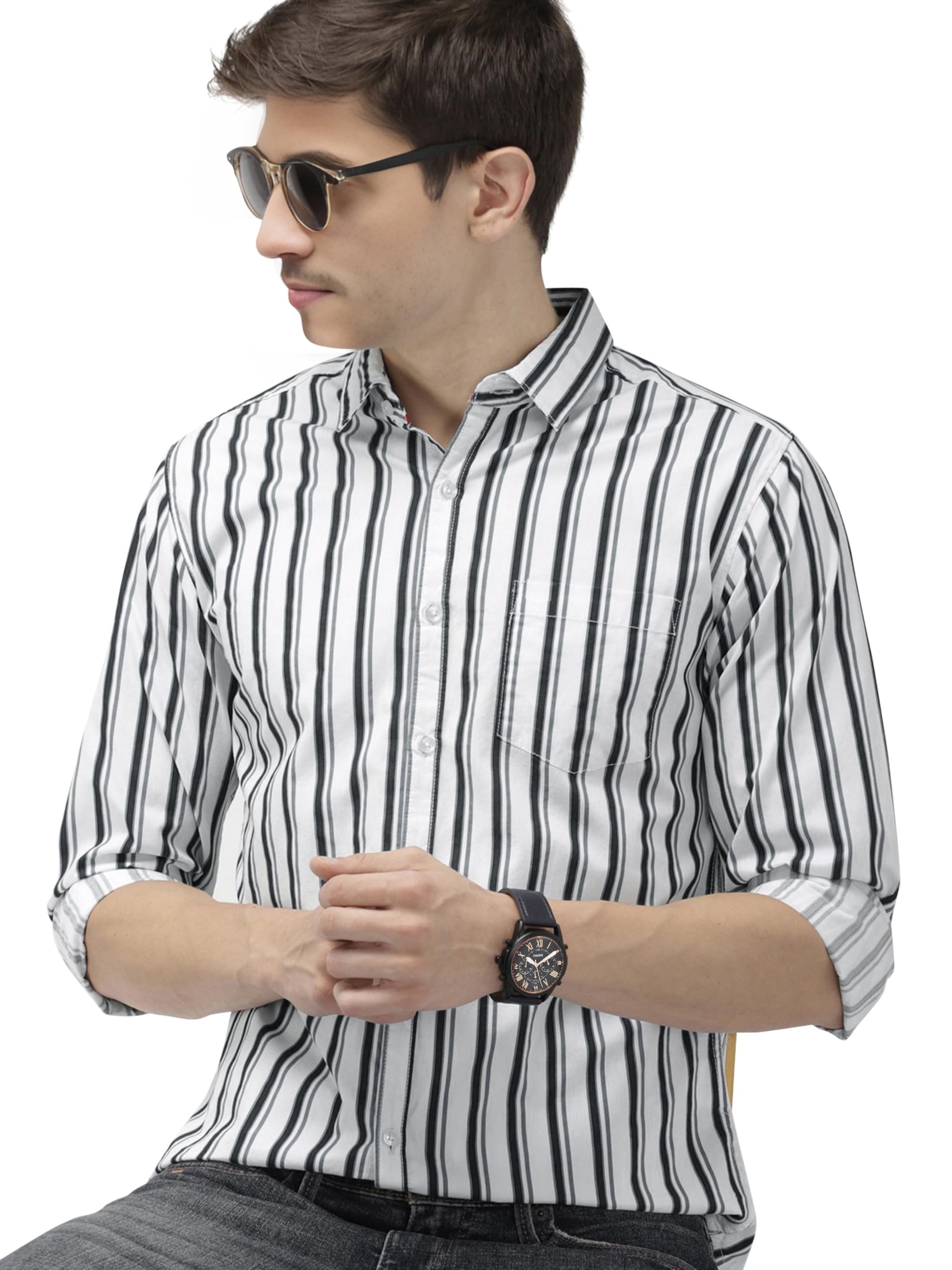 IndoPrimoMen's Regular Fit Soft Poly Cotton Stripe Casual Shirt for Men