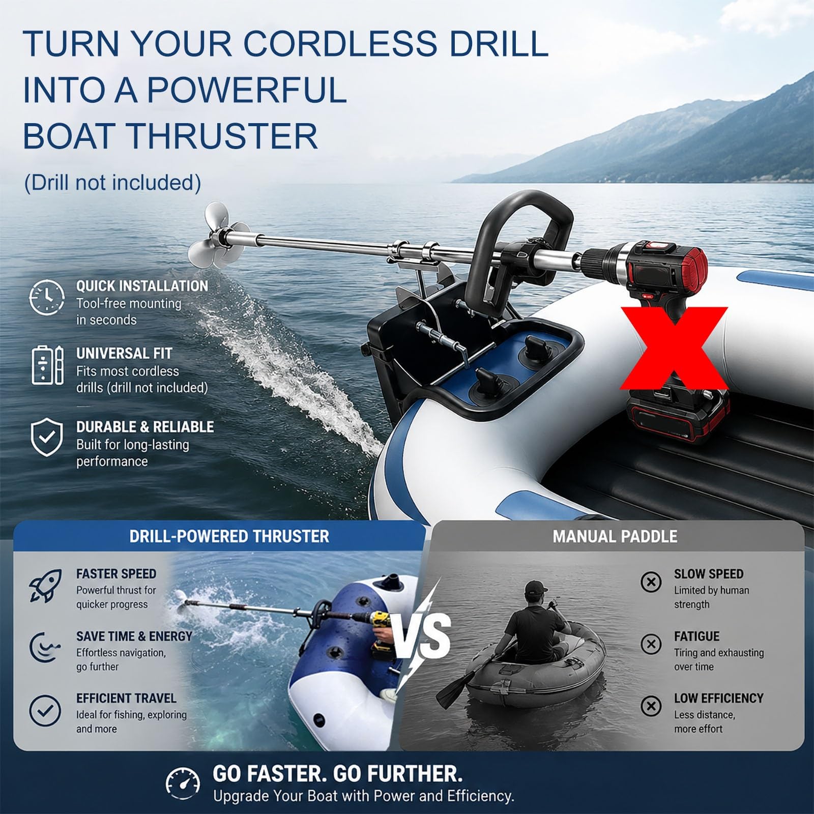 Motor Fueraborda Hélice para Embarcaciones Accionada por Taladro Eléctrico | Hélice Manual Ligera para Canoas con Soporte, para Kayak Canoa balsa Tubo Flotante